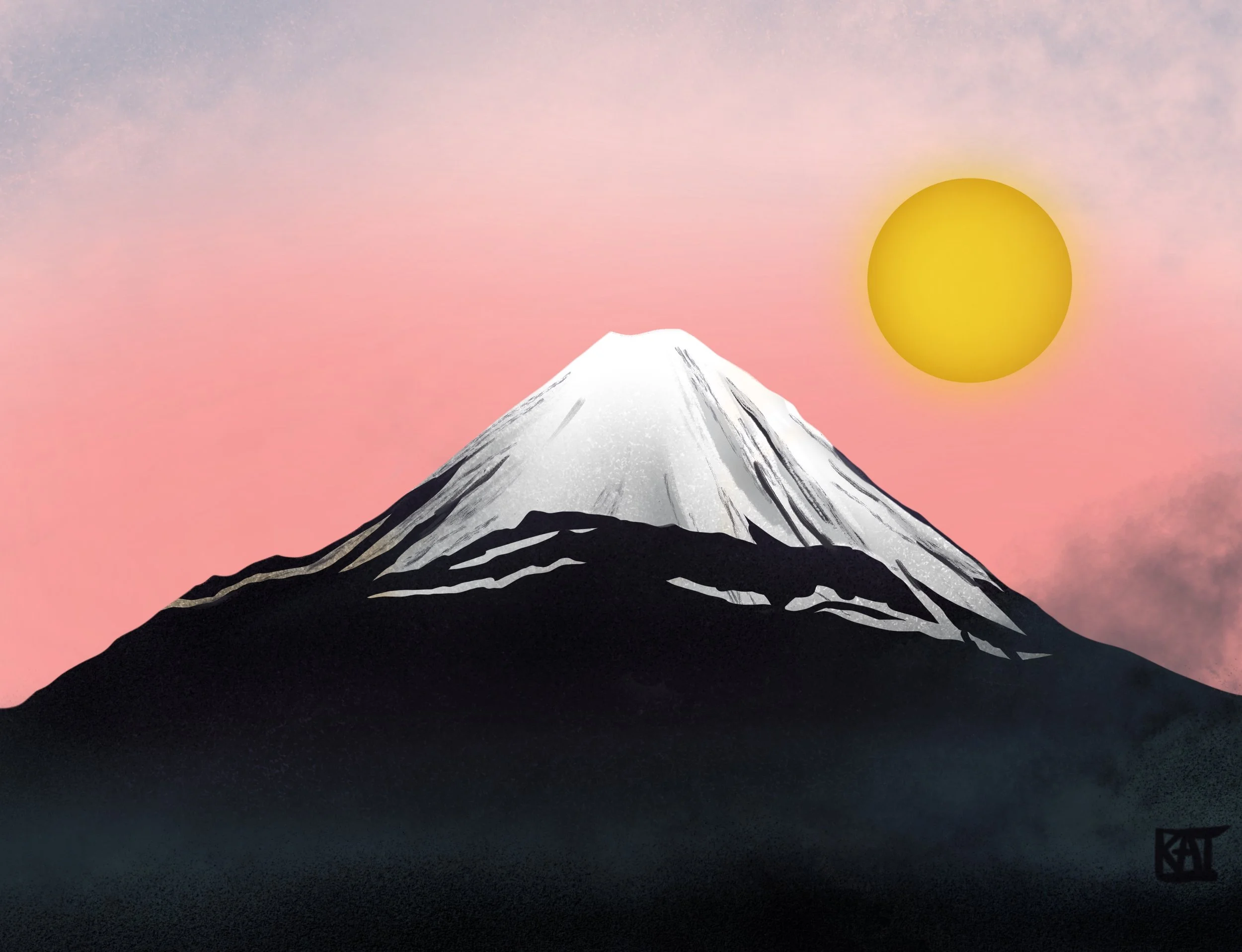 A Mount Fuji with a snow-capped peak against a pink and purple sky with a yellow sun. 