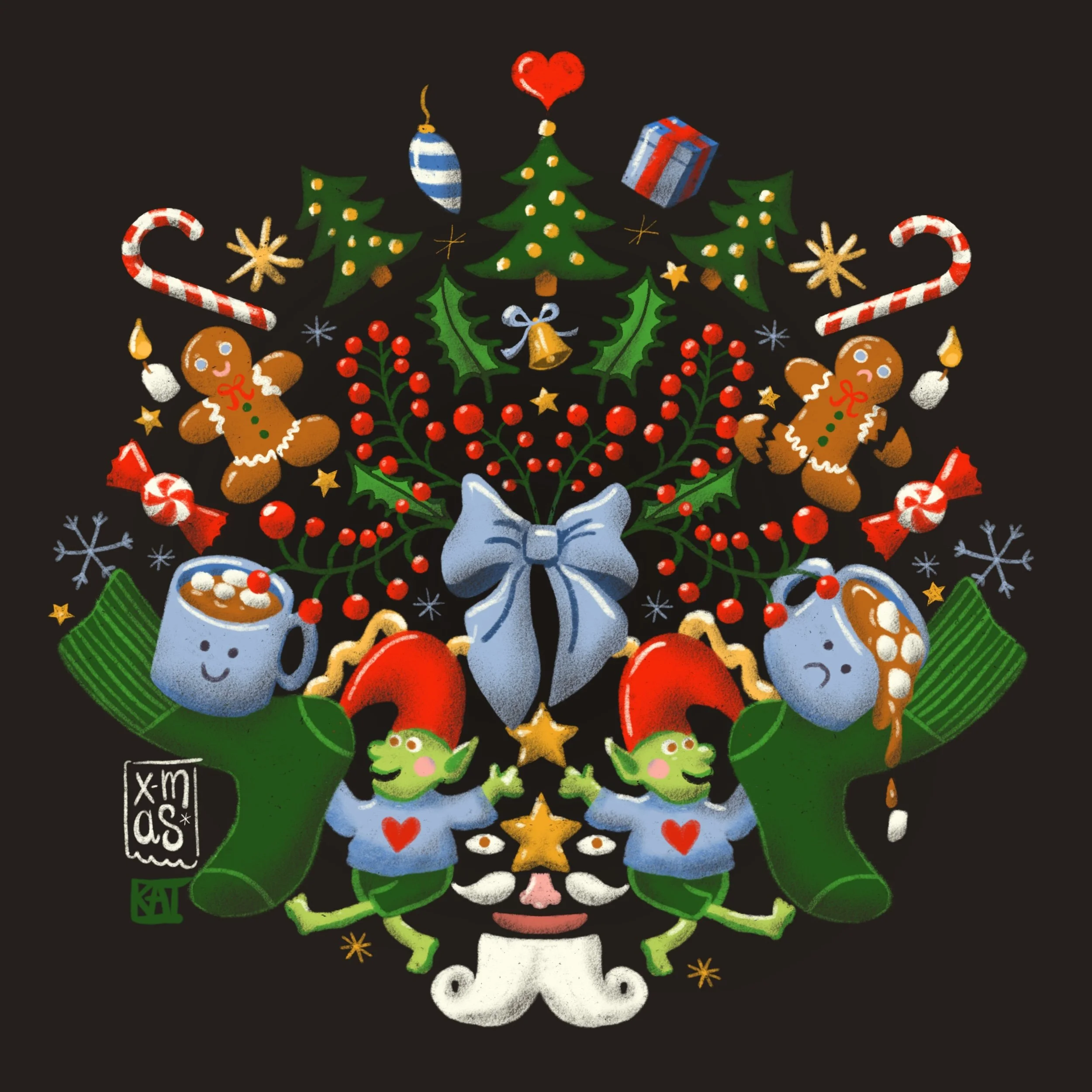 Festive Christmas design featuring decorated Christmas trees, gingerbread cookies, candy canes, holly, ornaments, and a wrapped gift on a black background.