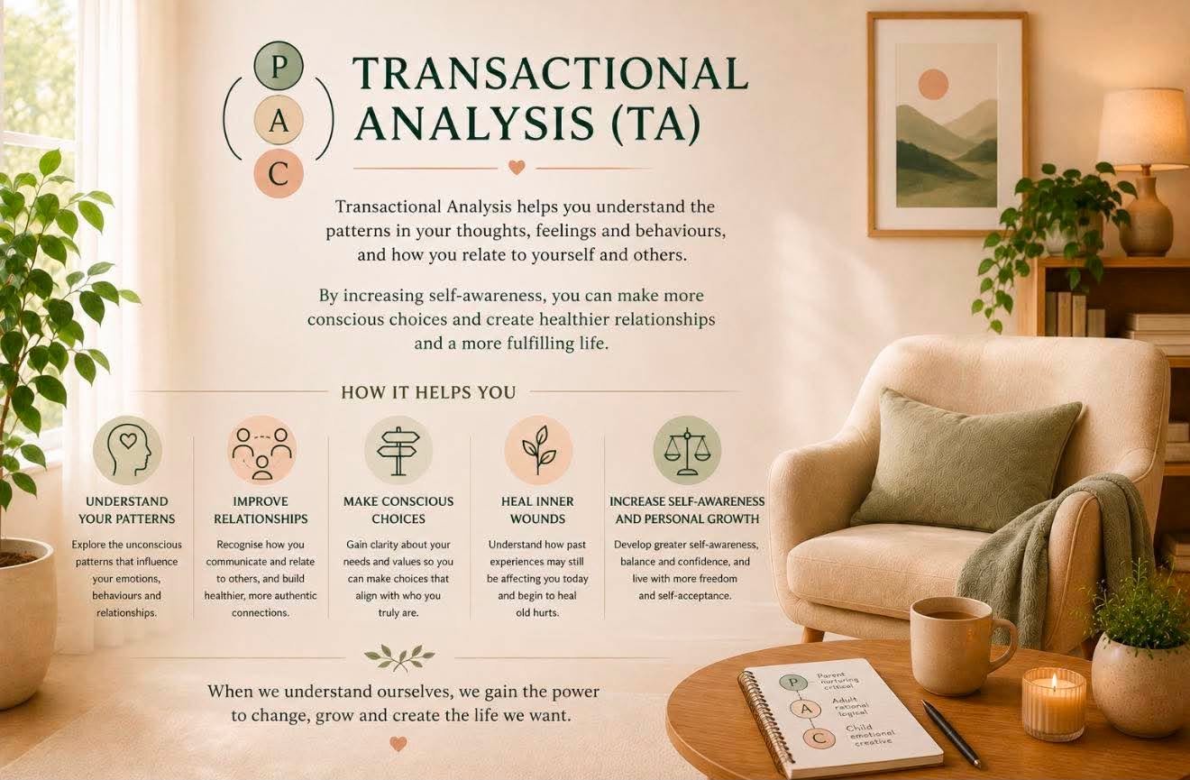 A poster explaining Transactional Analysis (TA) with a diagram of P, A, and C circles, and points about understanding patterns, improving relationships, making conscious choices, healing inner wounds, and increasing self-awareness. The poster is in a cozy room with plants, a framed landscape painting, a beige armchair with a cushion, a lamp, a notebook, a pen, a coffee mug, a candle, and a small potted plant.