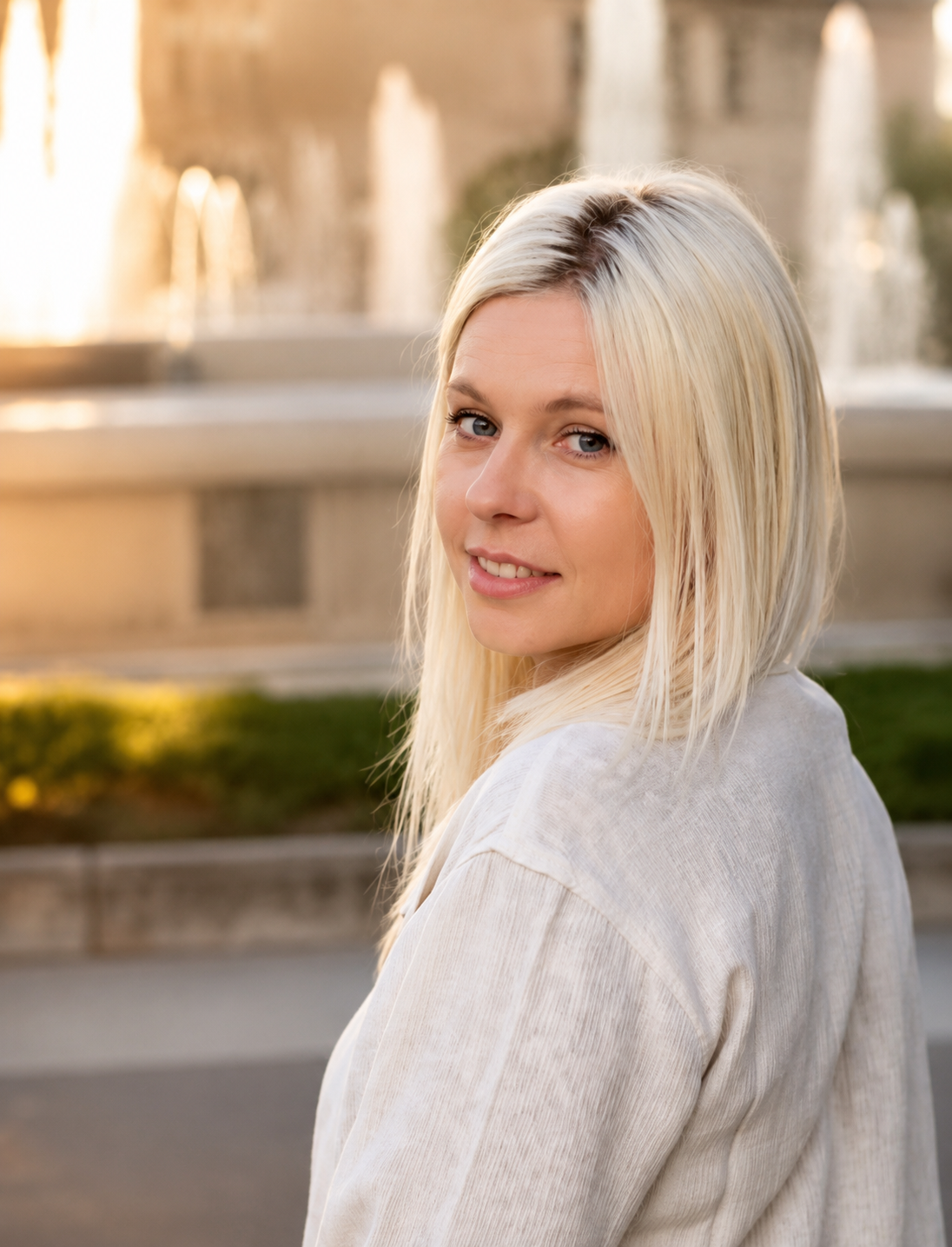 A young blonde woman with light hair and blue eyes smiling at the camera outdoors, with a fountain and greenery in the background during sunset.