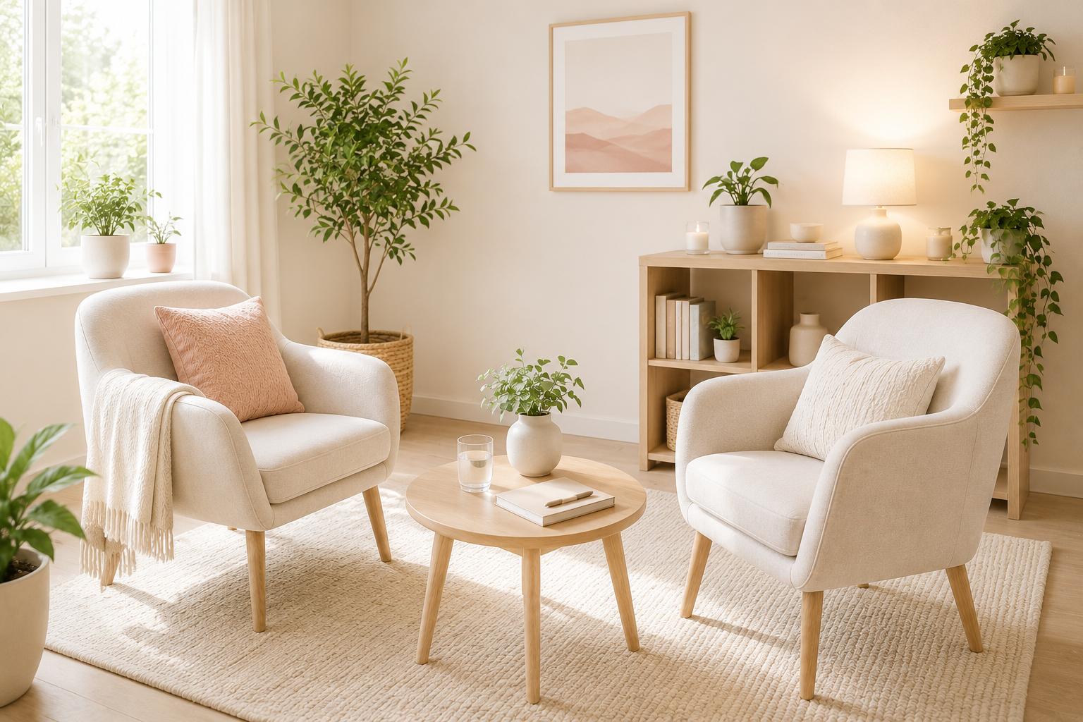 Bright living room with two beige armchairs, a small wooden coffee table, a light-colored rug, and various green plants in pots. Shelves with books and decor and a window with white curtains.