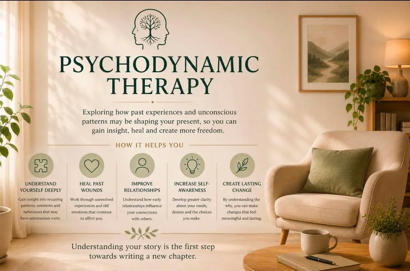 A cozy room with sunlight, a framed landscape painting, a beige armchair with a dark green pillow, a wooden side table with a coffee mug and a pen, potted plants, a bookshelf, and a lamp. The wall features a poster about psychodynamic therapy.