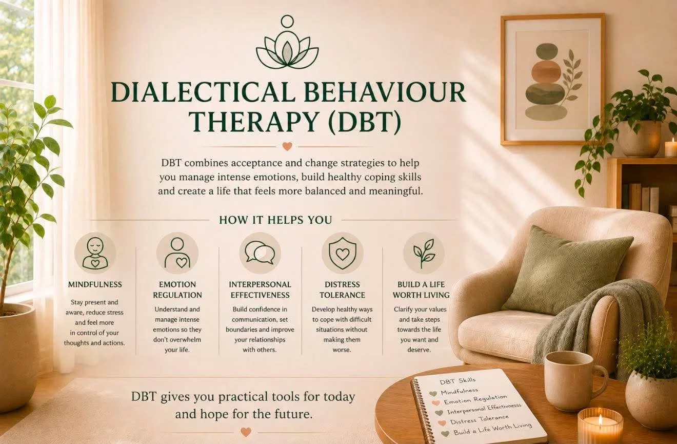 Infographic on Dialectical Behaviour Therapy (DBT), detailing its benefits such as mindfulness, emotion regulation, interpersonal effectiveness, distress tolerance, and building a life worth living, with a cozy living room background featuring plants, a framed artwork, a notebook, candle, mug, and an armchair.