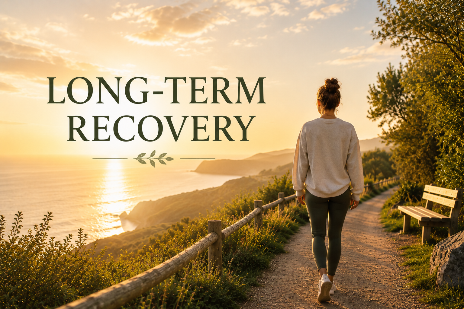 A woman walking on a coastal trail at sunset with the text 'Long-Term Recovery' overlaid.