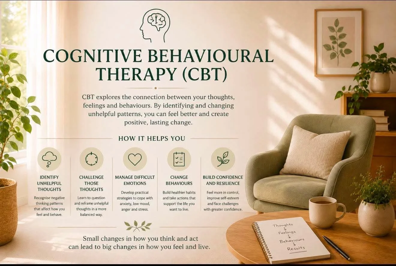 Text explaining cognitive behavioral therapy (CBT) with a diagram and tips, in a cozy room with a green armchair, plants, and framed artwork.