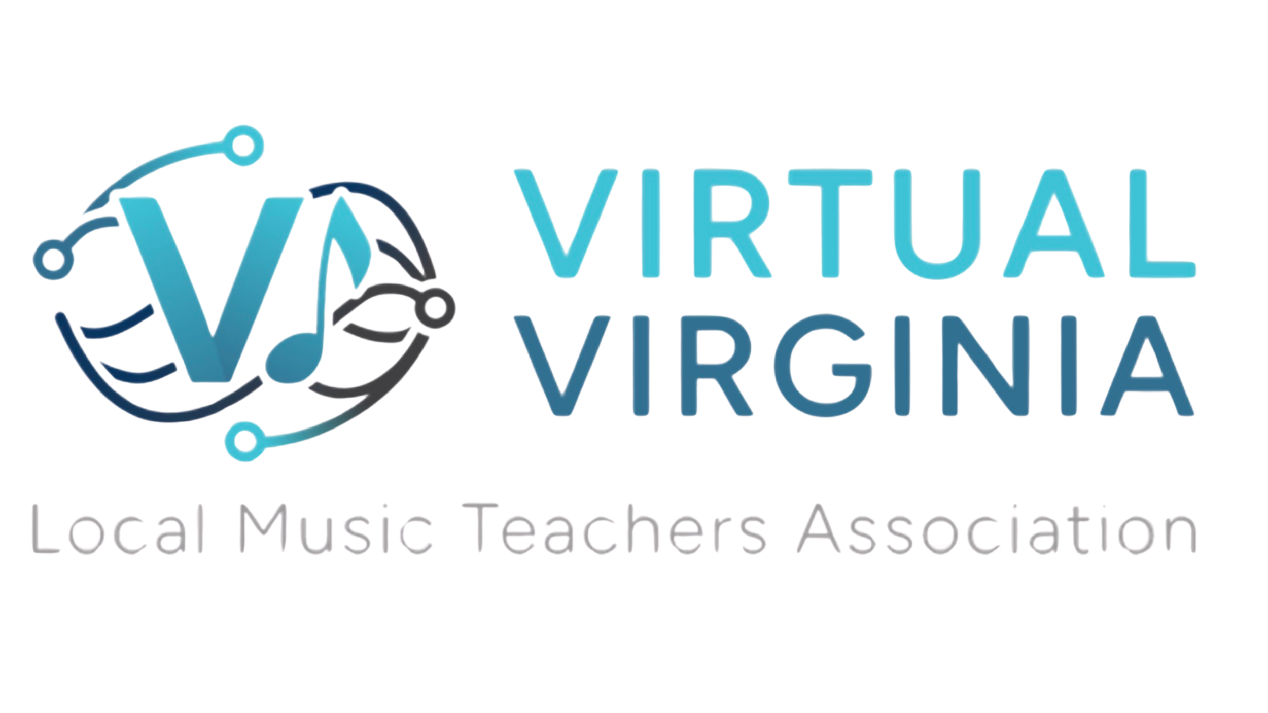Logo for the Virginia Virtual, Virginia Local Music Teachers Association, featuring a stylized 'V' with a musical note around it and text indicating the organization is associated with music teaching in Virginia.