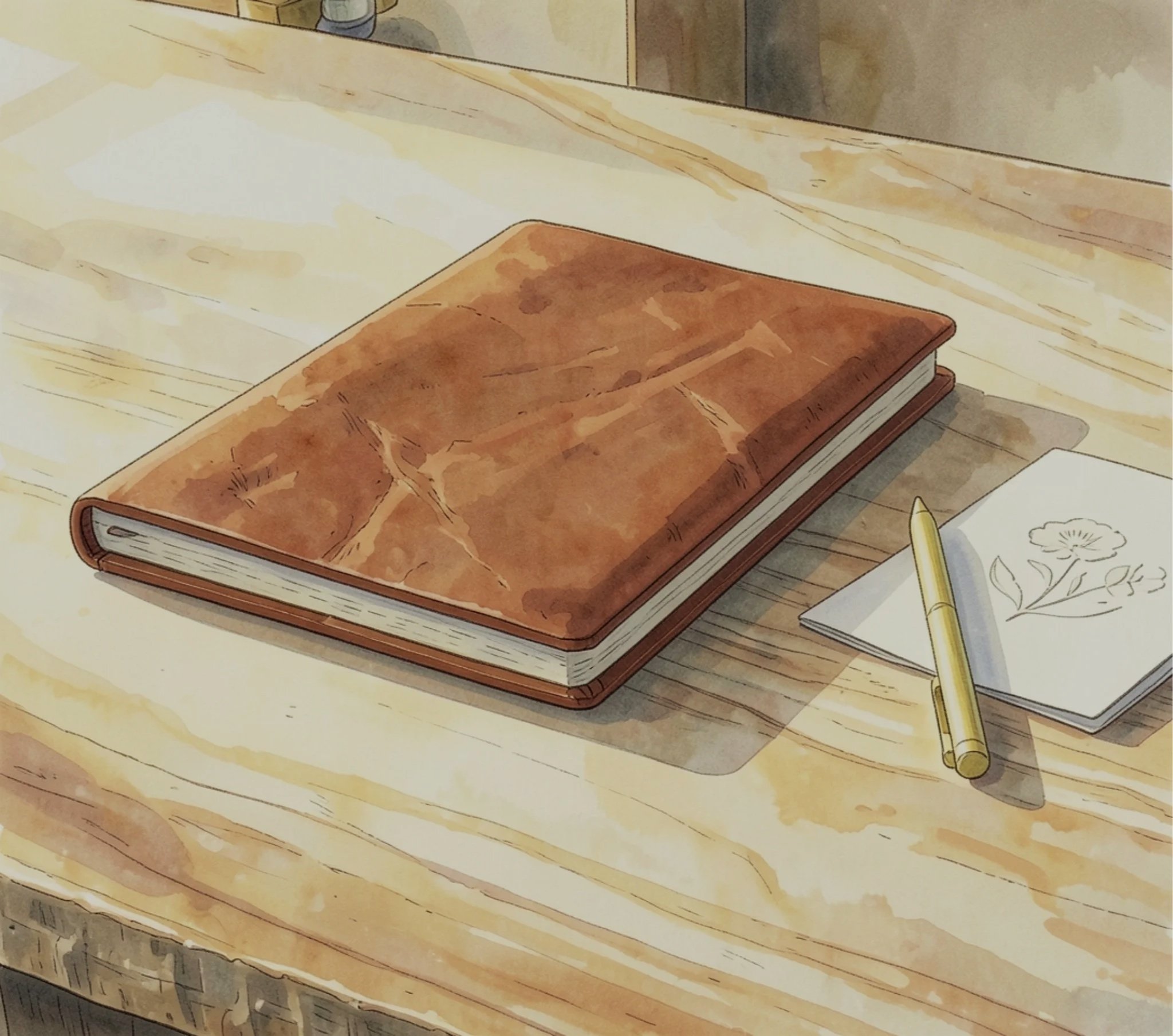 Illustration of a closed brown leather-bound book on a wooden table, with a yellow pen and a partially visible sheet of paper with a floral design.