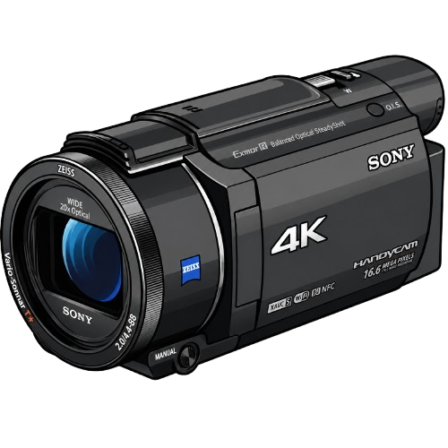 A Sony 4K Handycam camcorder with Zeiss lens, 20x optical zoom, and image stabilization.