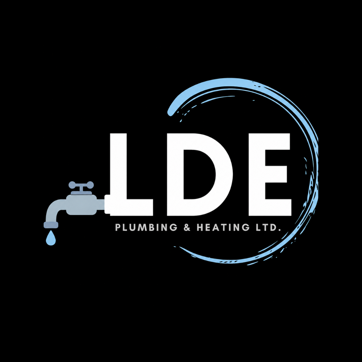 Logo for LDE Plumbing & Heating Ltd. featuring a water faucet with a droplet, the company initials 'LDE', and a circular water splash design.