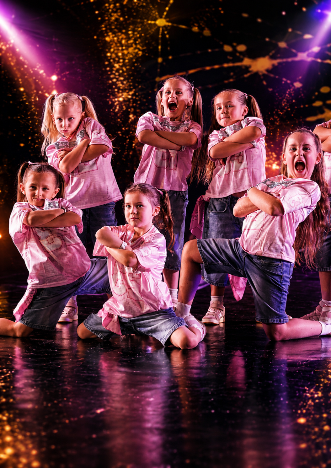 Group of young girls in matching pink sports jerseys and denim shorts striking fierce poses on stage with dynamic, colorful lighting and sparkling effects in the background.
