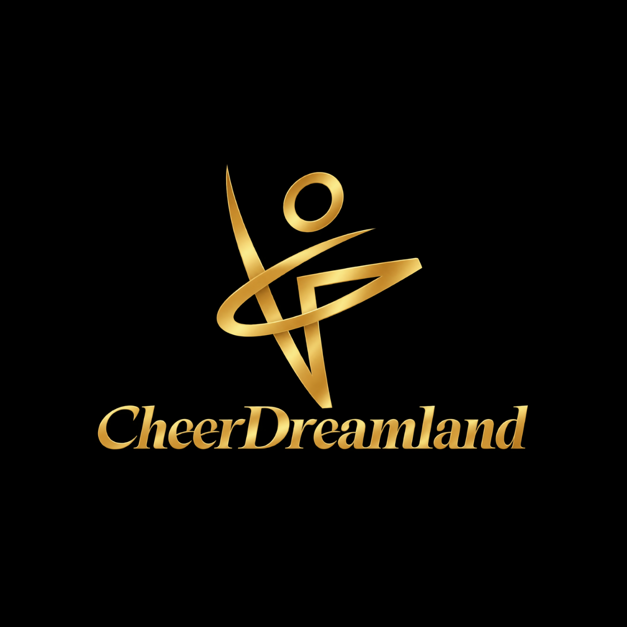A black background with a gold logo featuring a stylized figure and a planet-like ring, along with the text 'CheerDreamland' in gold at the bottom.