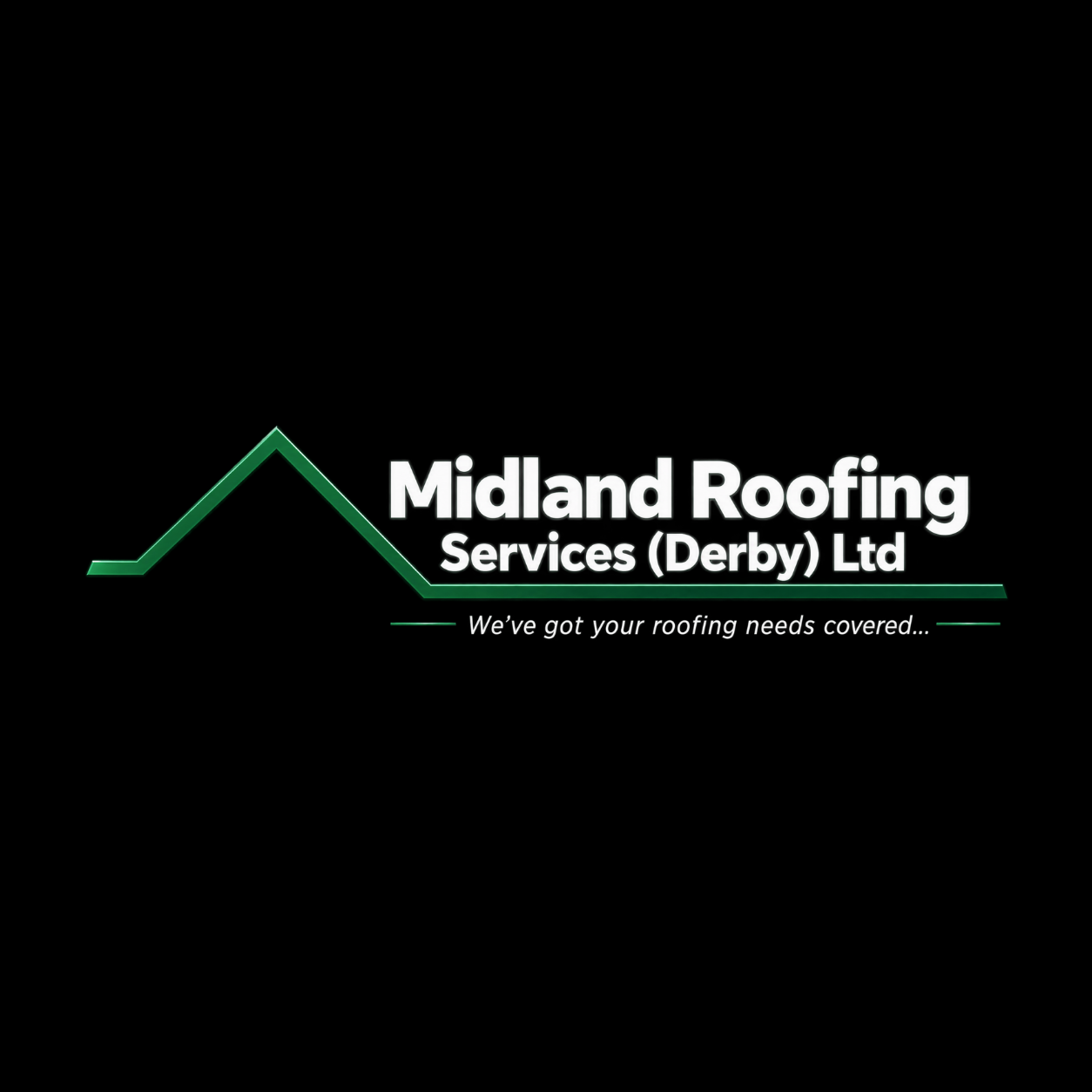Logo for Midland Roofing Services in Derby with a stylized roofline graphic above the company name, and the slogan 'We've got your roofing needs covered...' written below.