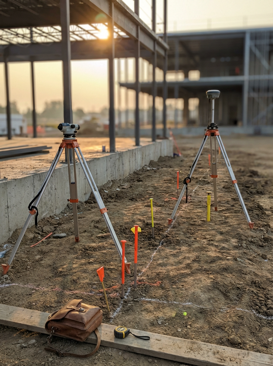 Construction site with surveying equipment including two tripods with electronic devices, stakes in the ground, and measuring tools, with an unfinished building structure in the background and the sun setting.
