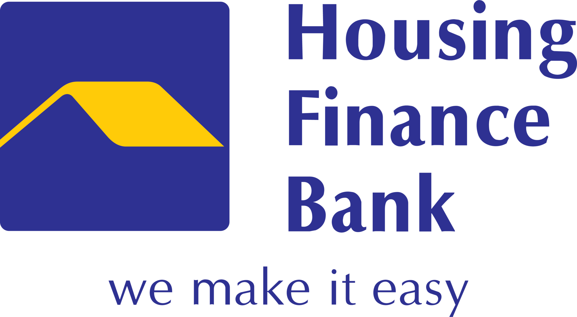 Logo of Housing Finance Bank featuring a stylized yellow and blue house icon with the bank's name in blue text and slogan 'we make it easy' below.