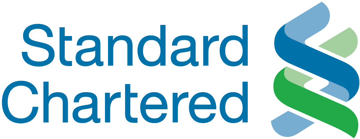 Logo of Standard Chartered Bank with stylized blue and green ribbon design.