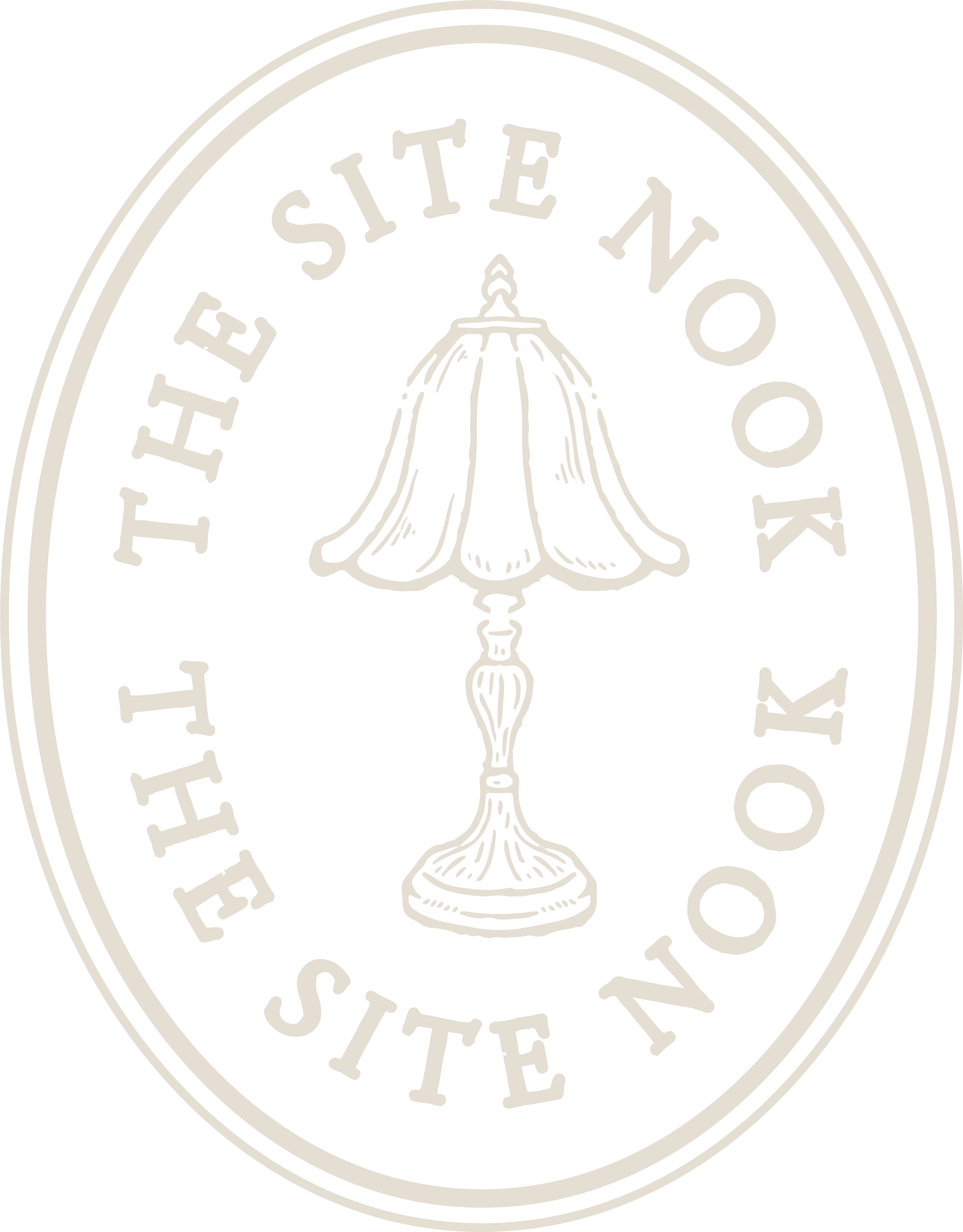 The Site Nook logo brown colored stamp with an image of a lamp and oval logo labeled The Site Nook circling the lamp.