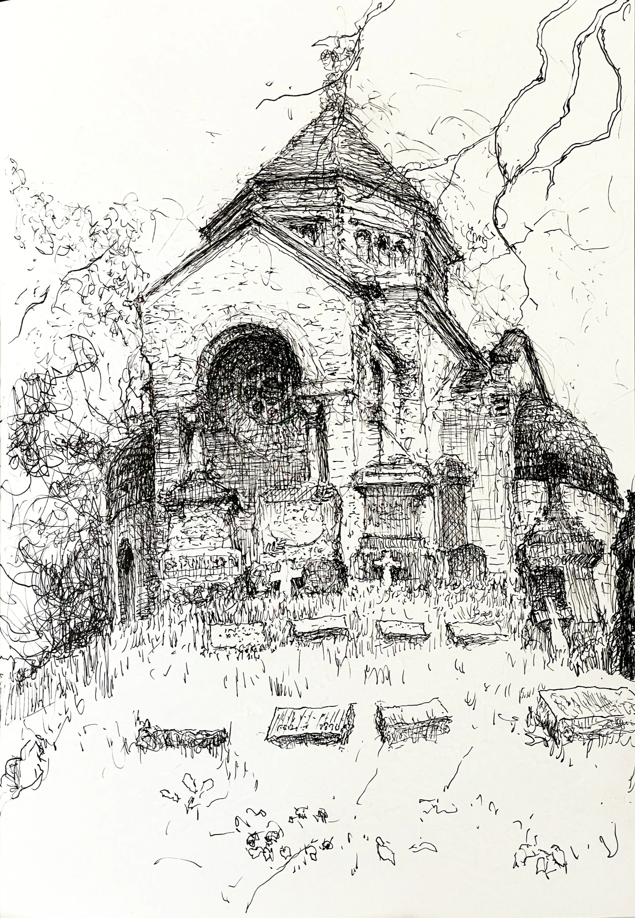 "Calvary Cemetery Chapel",  pen & ink,  8" x 11 3/4",  2026