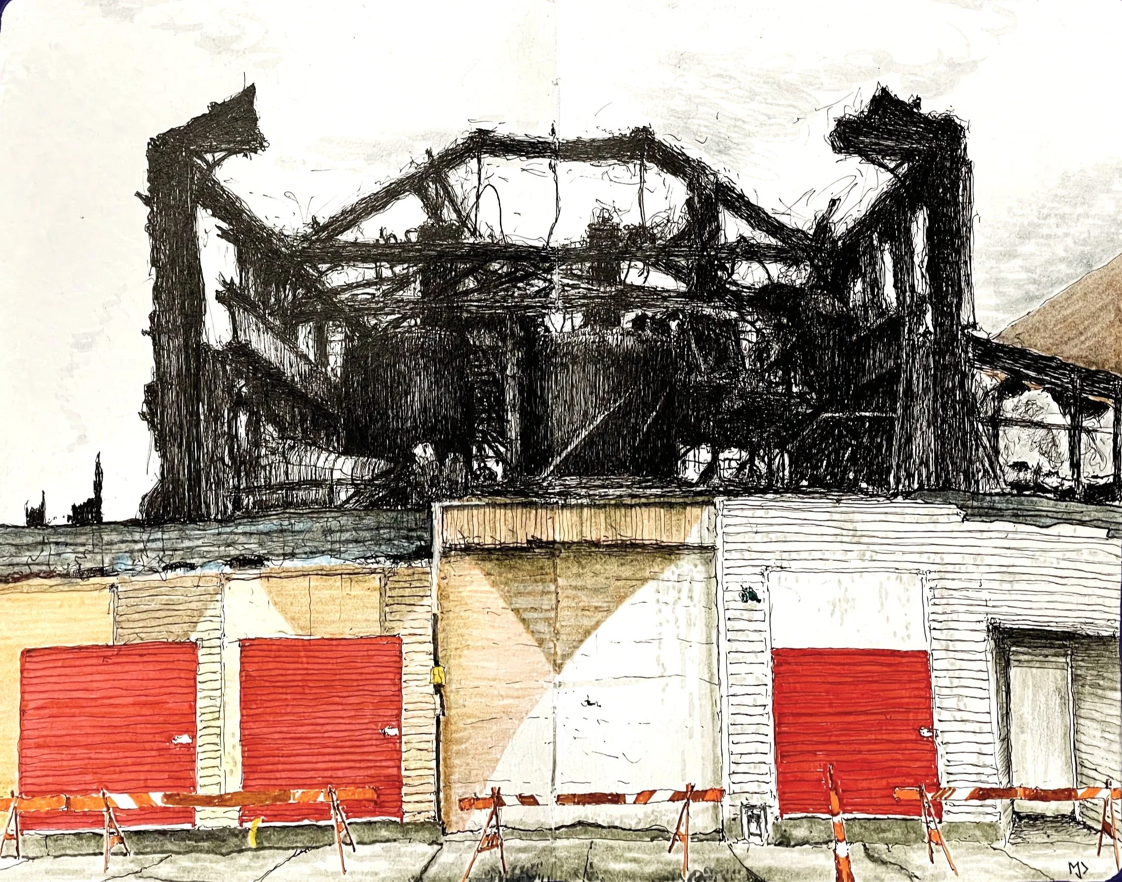 "U-Haul Fire", Micron and Pitt pens on paper, 10 3/4" x 8 1/2",   2026