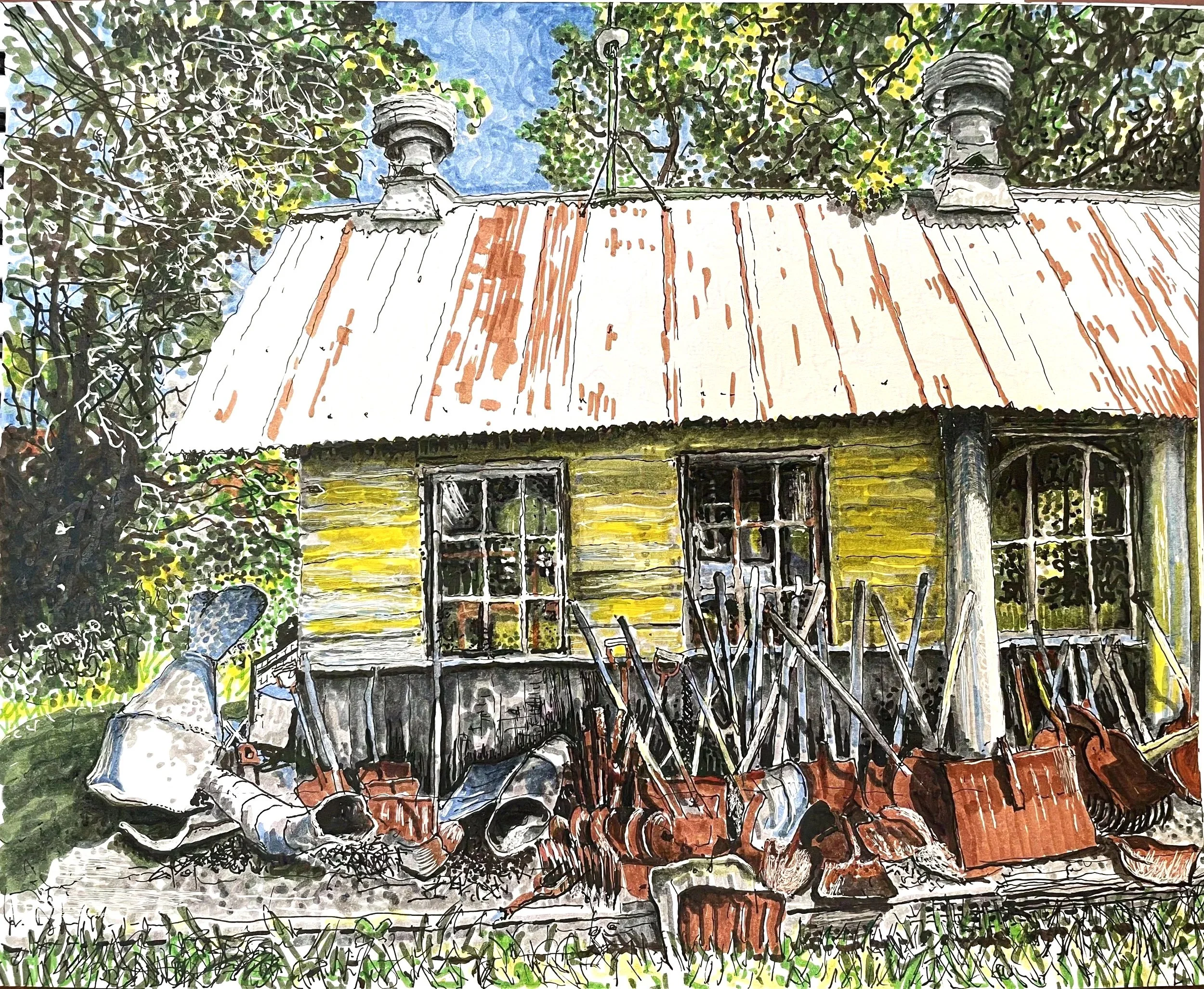 "Curious Shovel Shed", Micron & Pitt pens on paper, 10 1/2" x 8 1/2",  2024