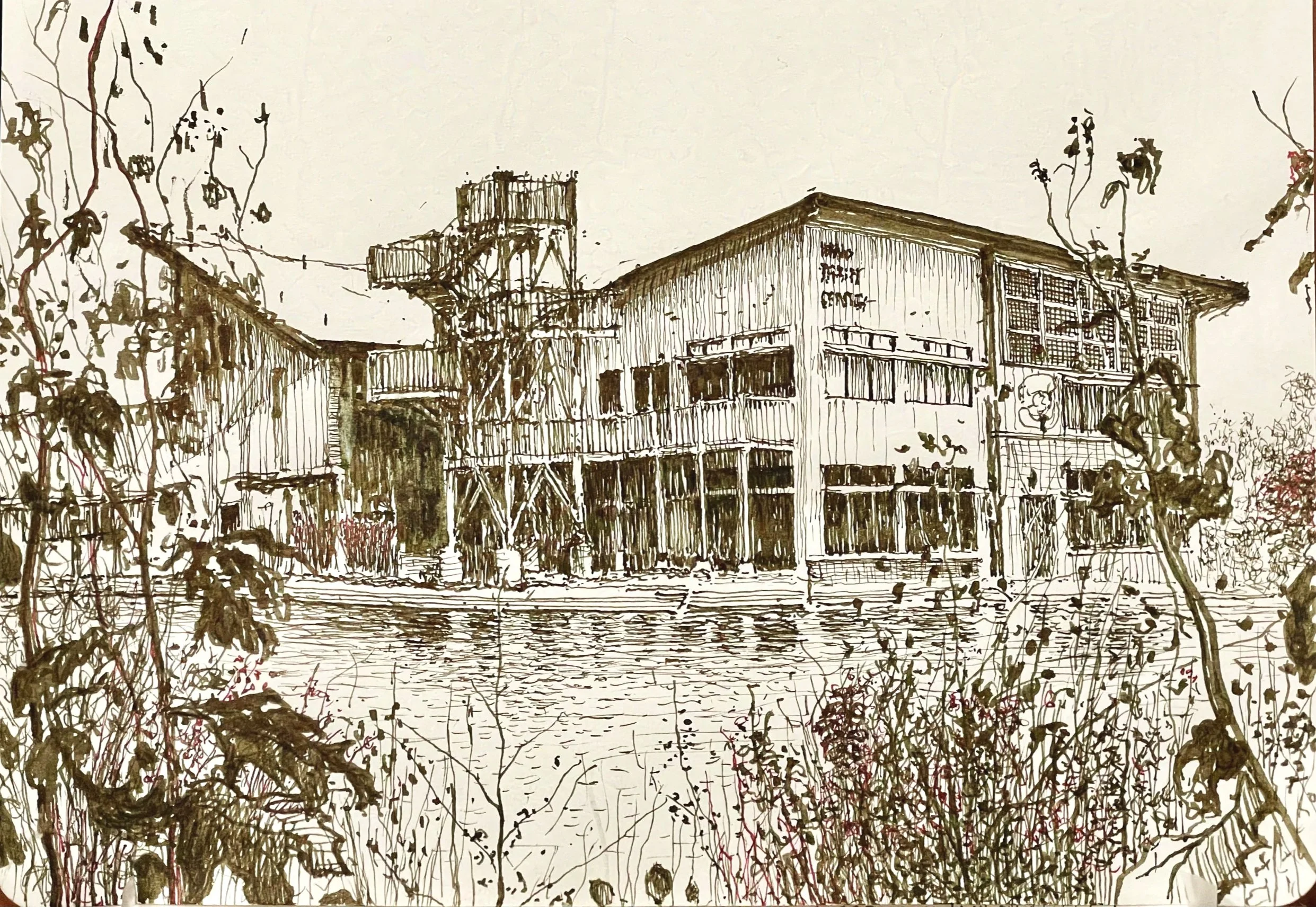 "UEC Washington Park",  fountain pen with brown & red inks,  10" x 7",  2025  