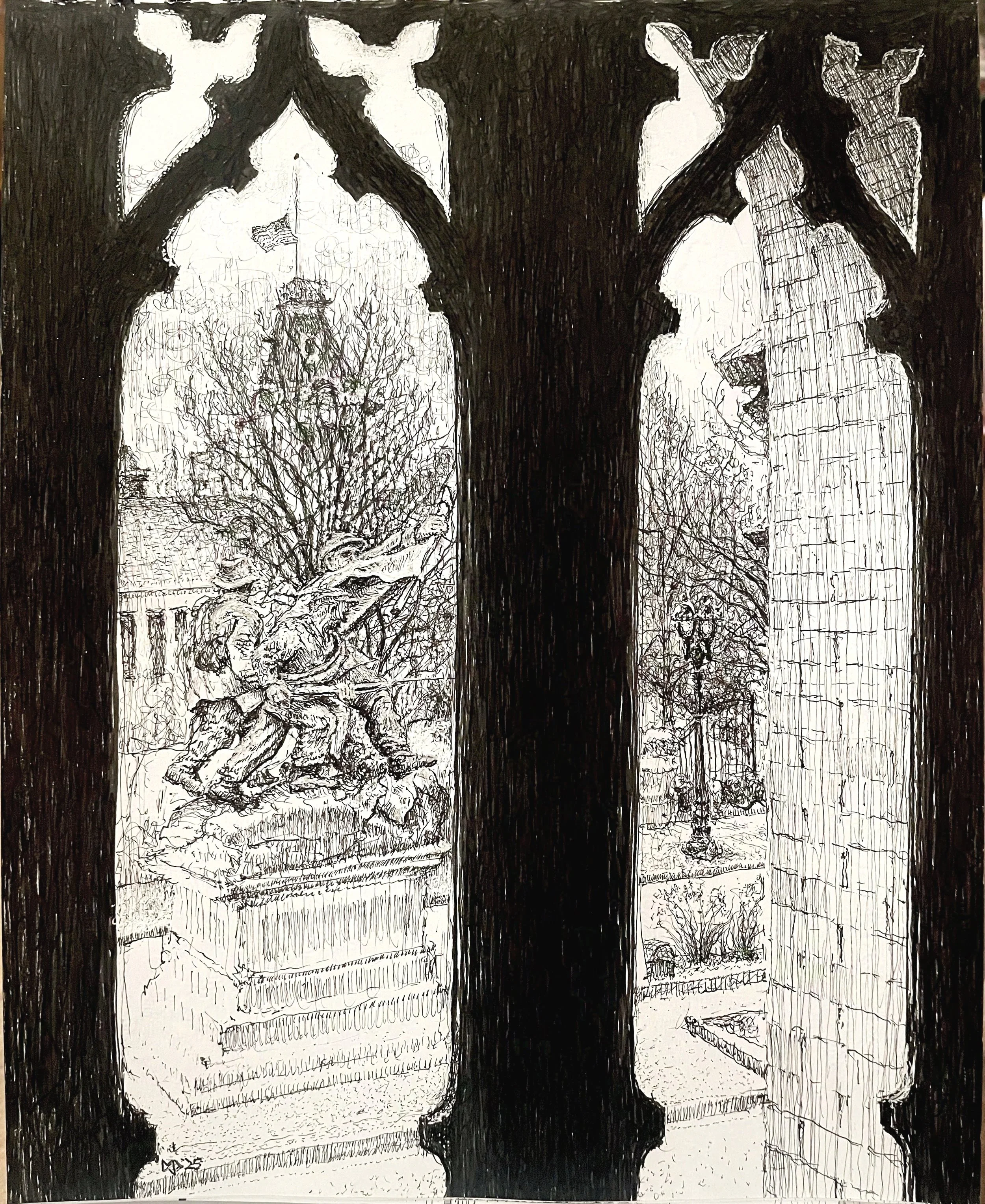 "Looking out from Calvary Presbyterian Church",  pen & ink,  8 1/2" x 10 1/2",  2025