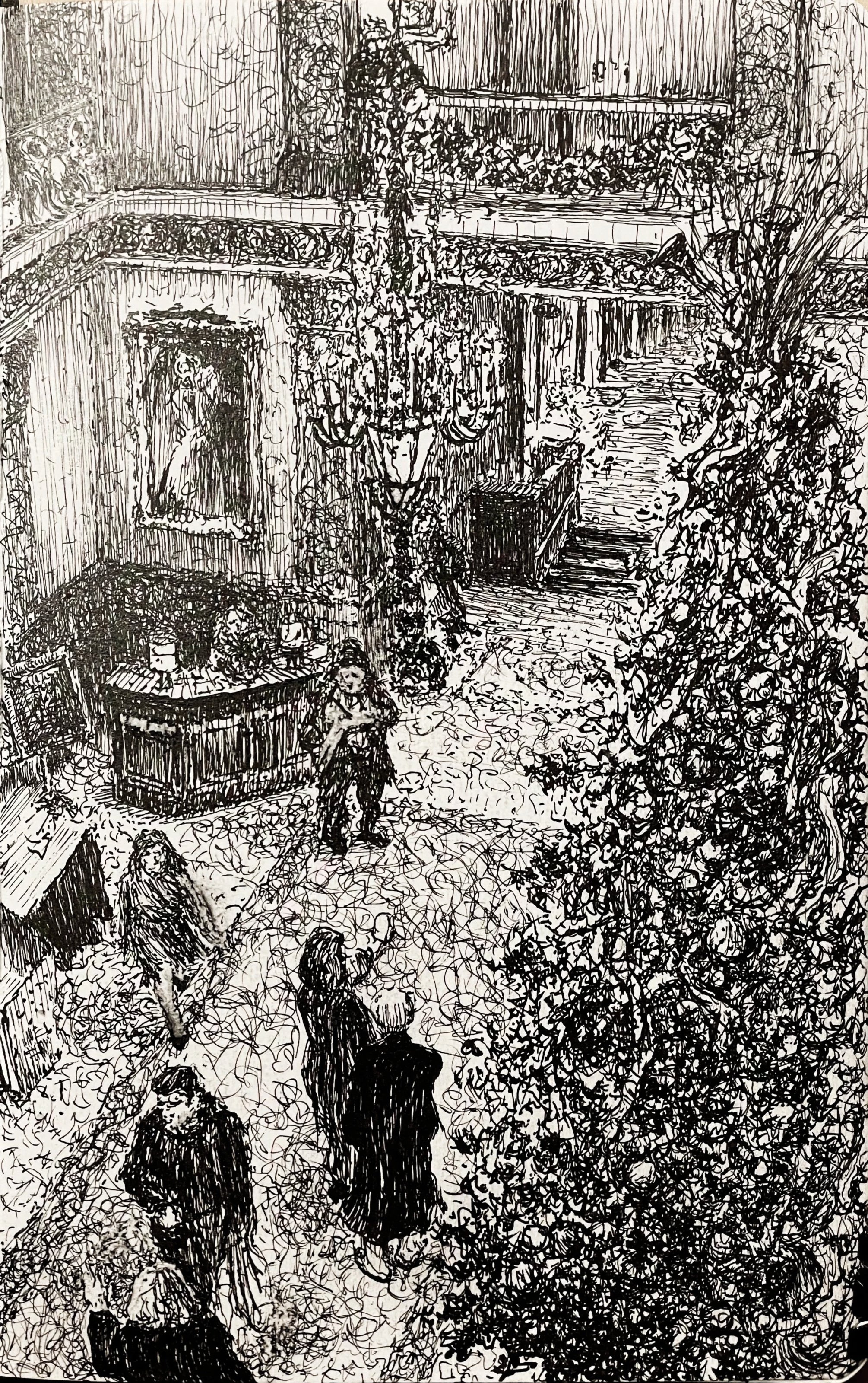 "Holiday Intrigue" (Pfister Hotel),  pen & ink,  5 1/2" x 8 1/2",  2025