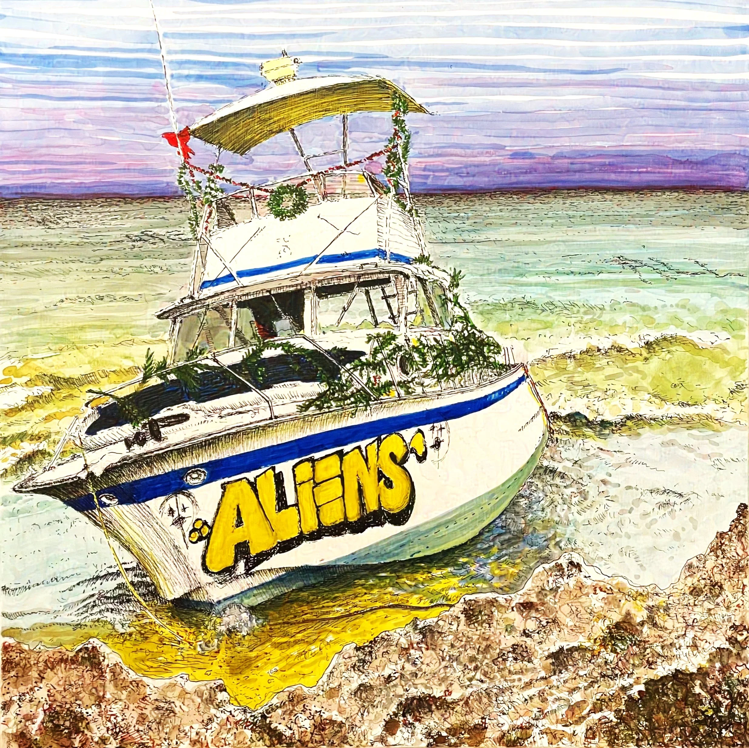 "Aliens' Run Aground",  Mixed Media on Gesso Board,  12" x 12",  In private collection