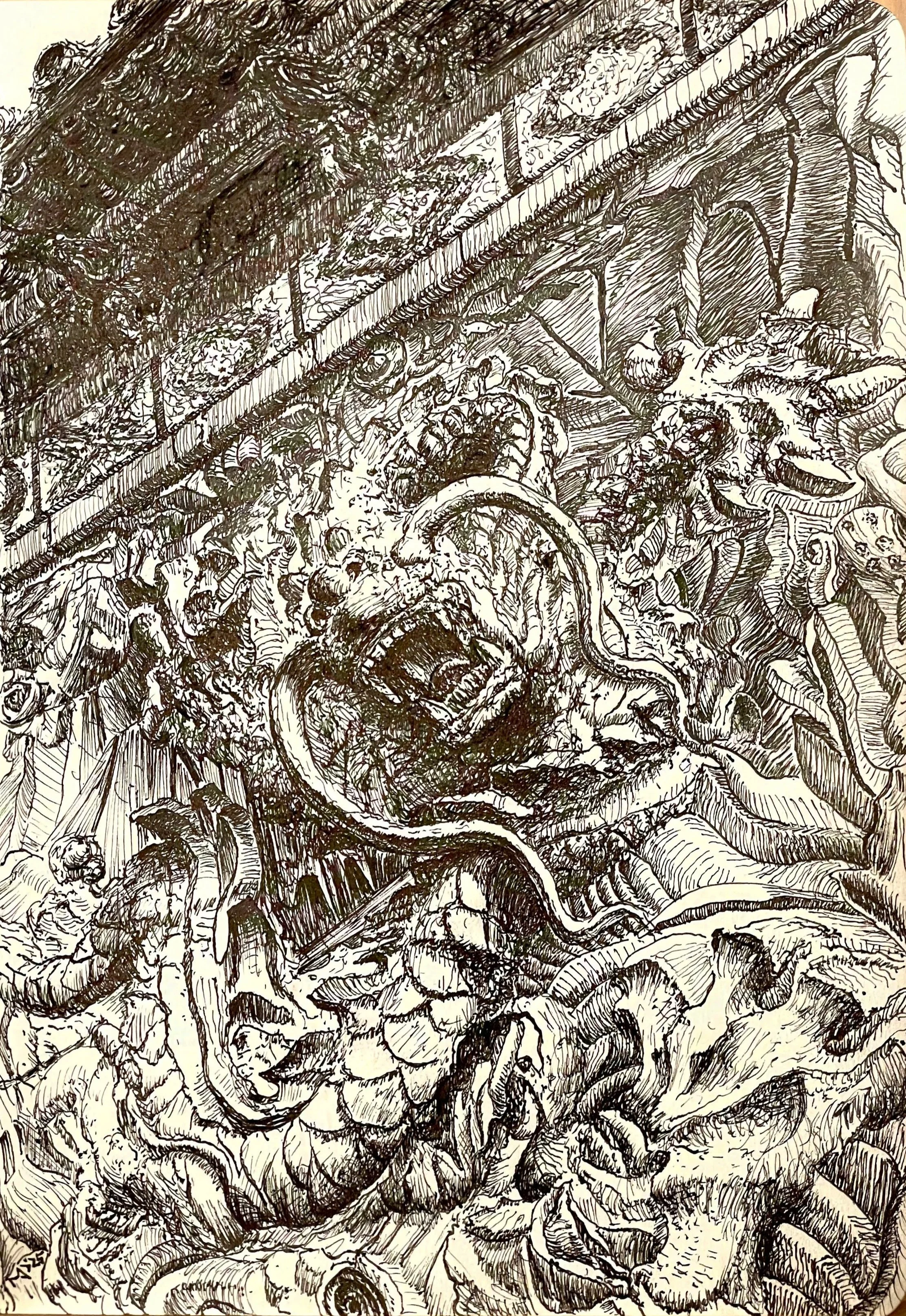 "Nine Dragon Wall" (China Town, Chicago),  pen & ink,  7" x 10",  2025
