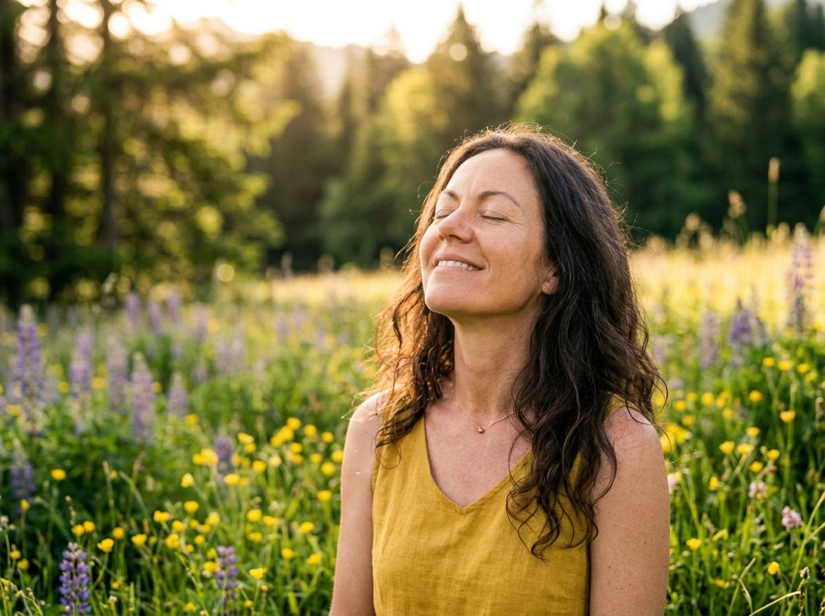 A woman with long dark hair smiling with closed eyes outdoors in a field of yellow and purple flowers, with trees in the background during golden hour.