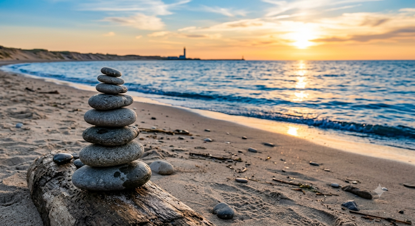 Stacked rocks on the sandy beach during sunset.