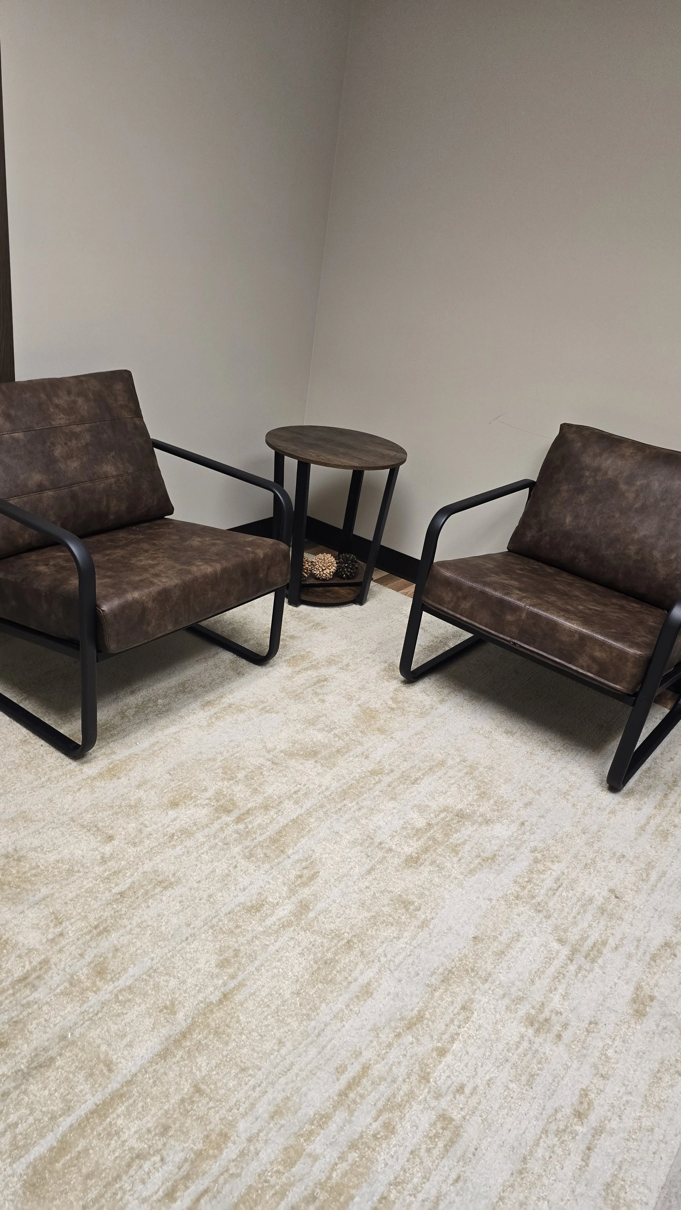 Two brown leather chairs with black metal frames are placed in a waiting room. Between them is a small round wooden table with decorative objects underneath. The room has a beige carpet and plain, off-white walls.