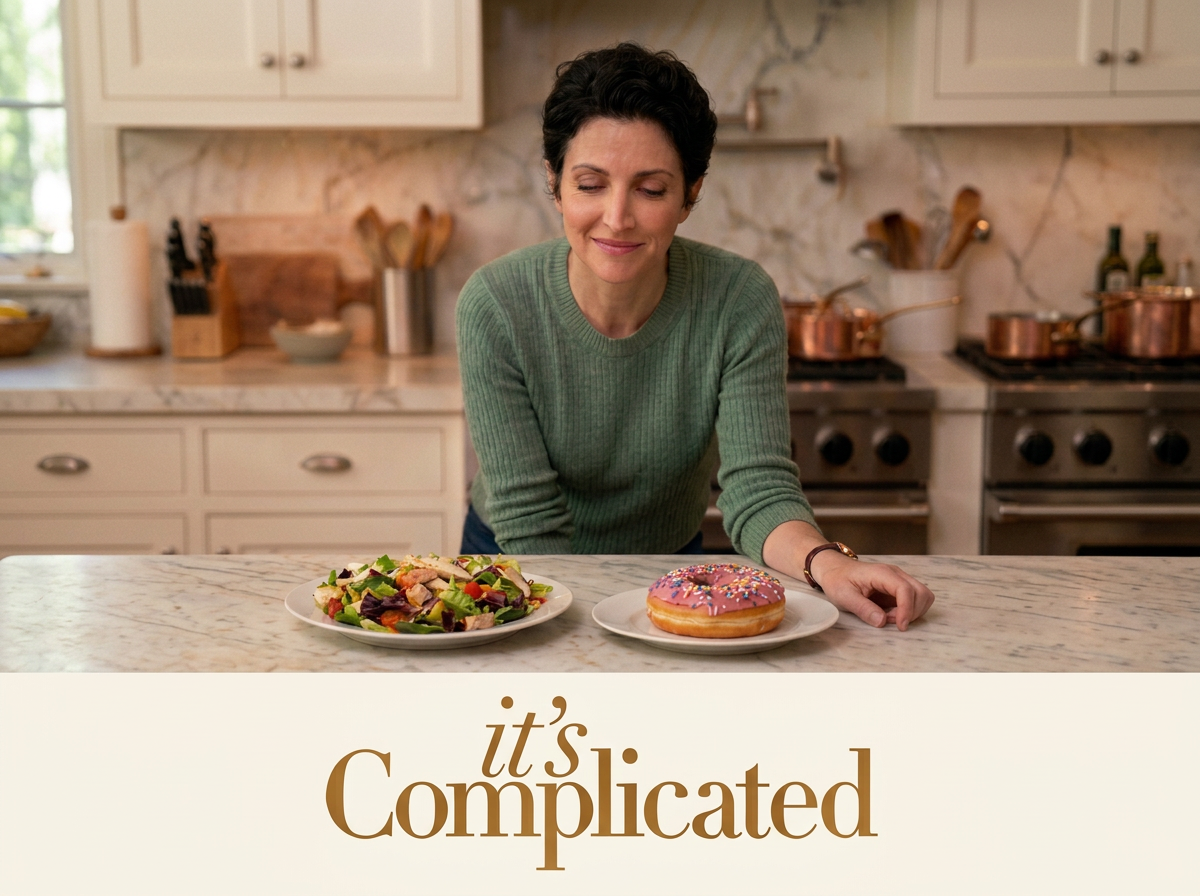 Woman standing in a kitchen with two plates on the counter in front of her, one with a colorful salad and the other with a pink frosted donut with sprinkles. Text overlay reads 'it's complicated.'