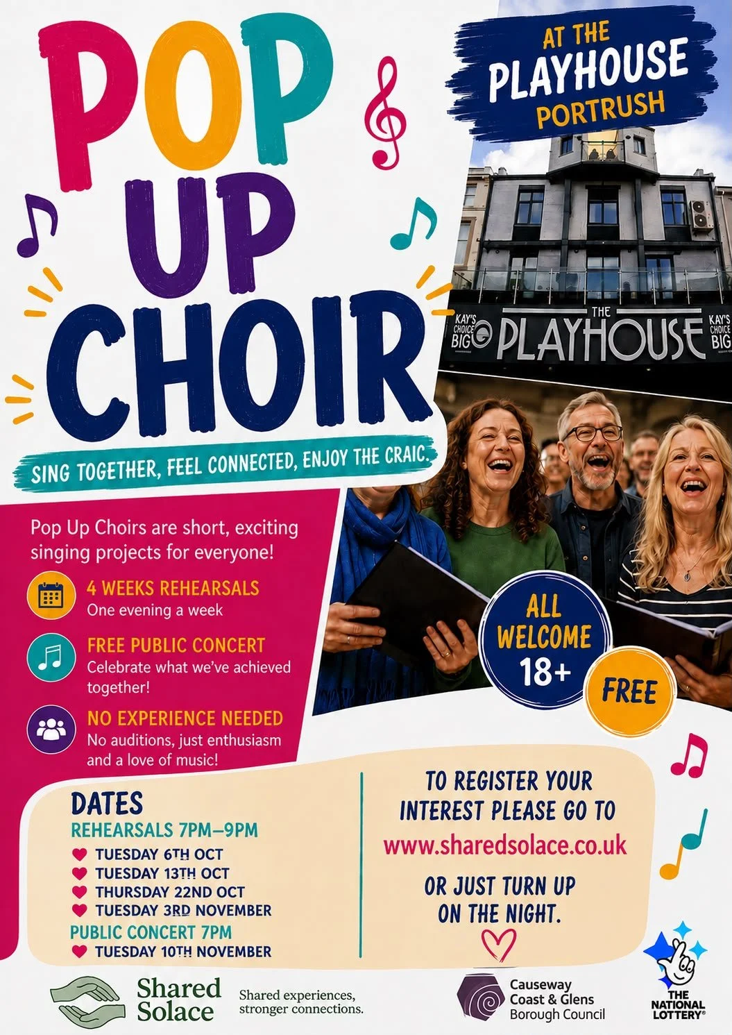 Poster for a Pop Up Choir event at the Playhouse in Portrush, featuring images of cheerful people singing, details about rehearsals and a public concert, registration info, and sponsor logos.