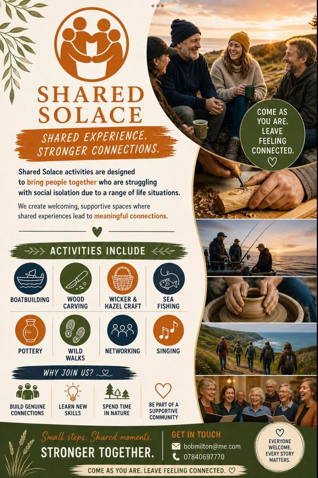 Poster for Shared Solace activities featuring photos of a group of people sitting around a campfire, fishing at sunset, pottery making, walking along the coast, and singing in a group, with text promoting community and connection through various outdoor activities.