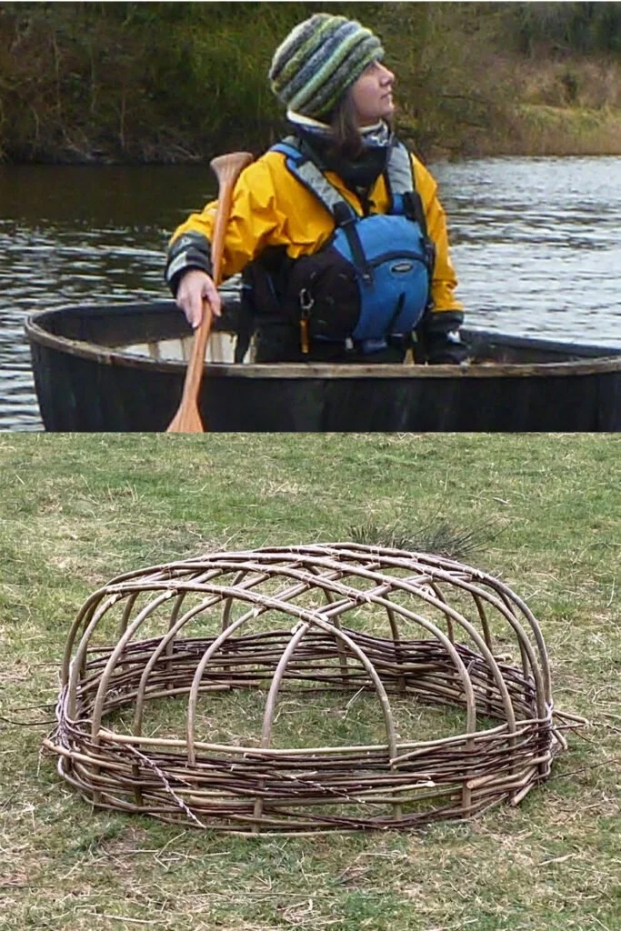 A woman in outdoor gear paddling a canoe on a river, and a wicker dome-shaped structure on grass.