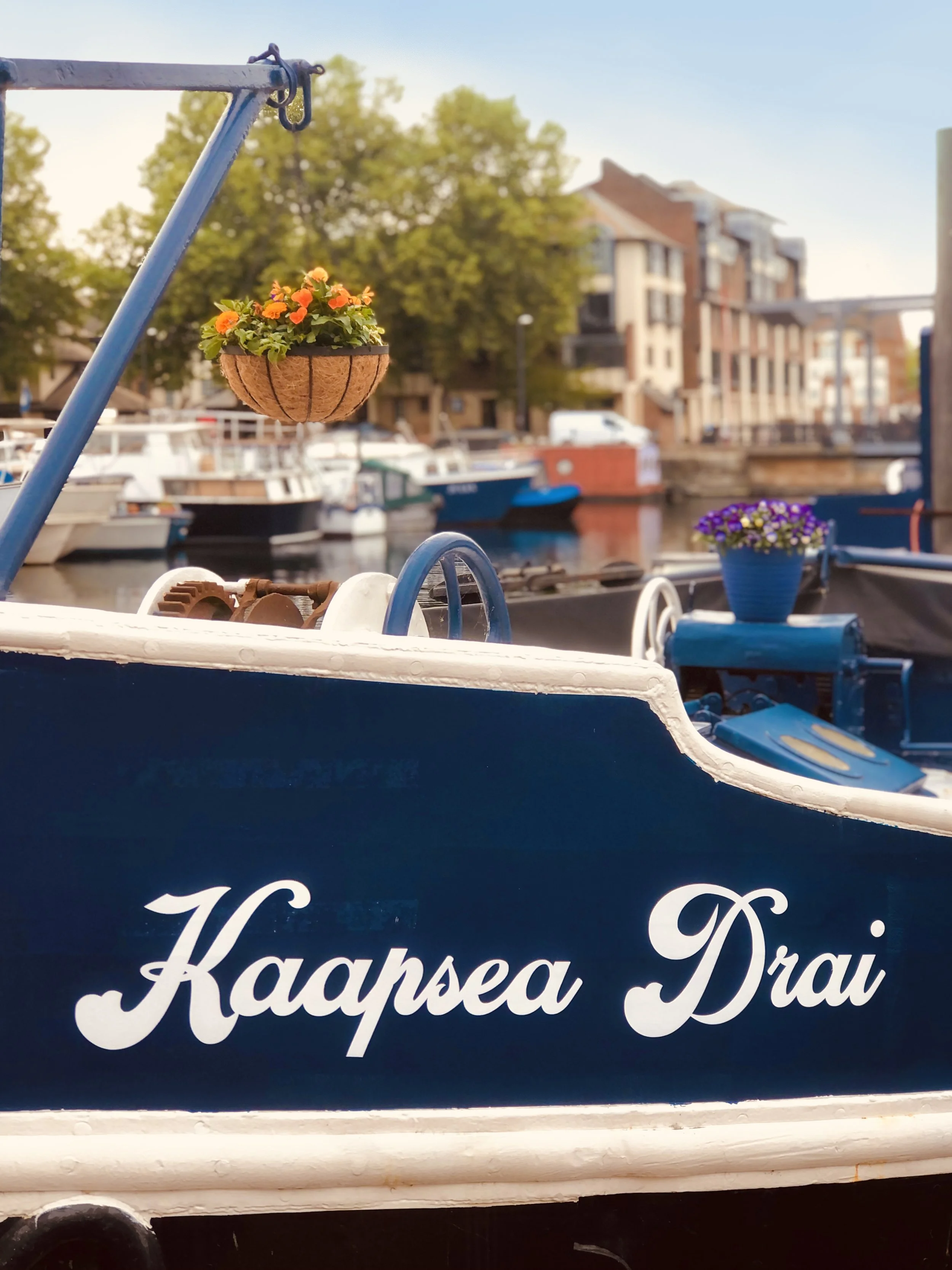 Close-up view of boat with Greek letters and flowers on it, docked at marina with boats and modern residential buildings in the background.