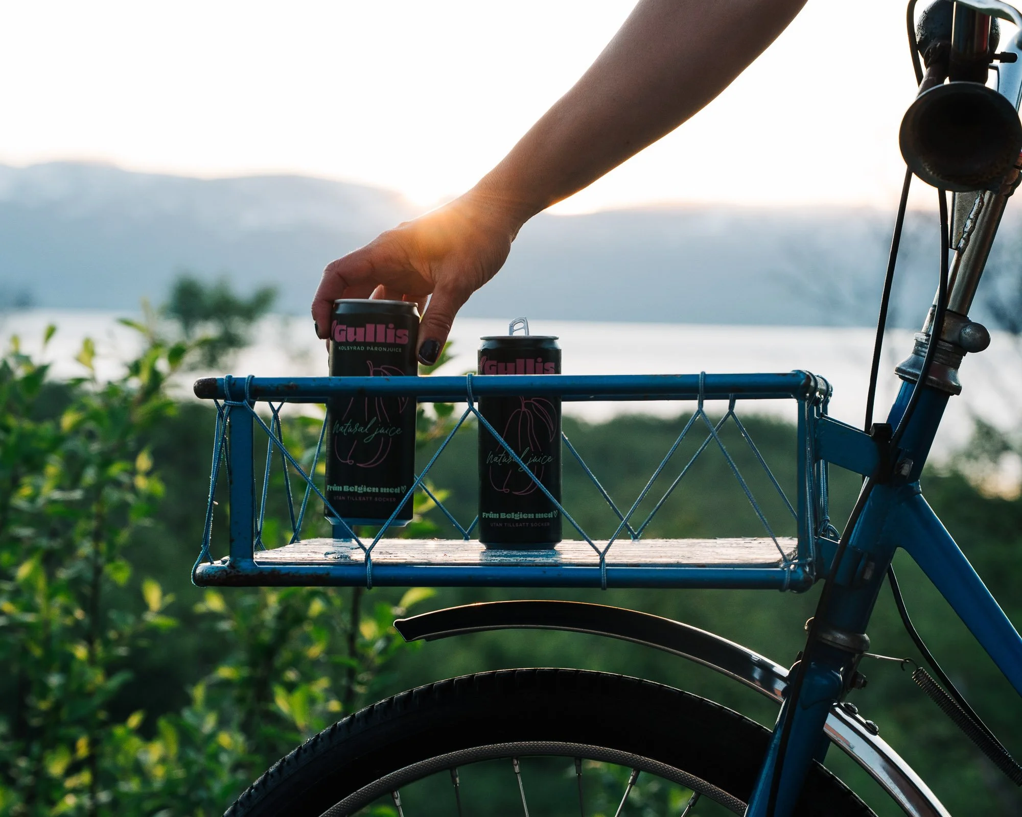 A close-up of a bicycle basket attached to the handlebars, with a person's hand reaching to grab a can of Gulllis juice, with mountains and sky in the background.