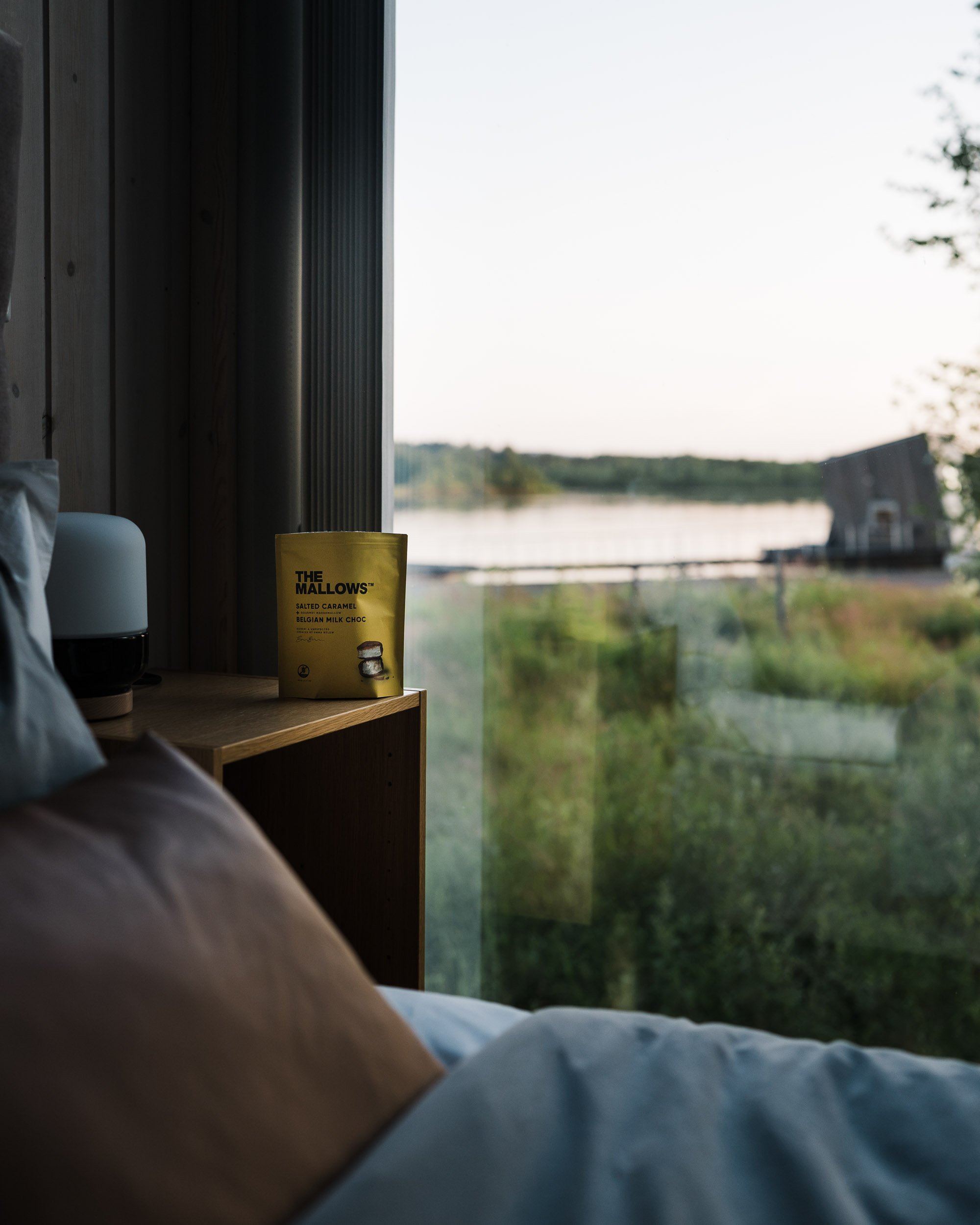 View from inside a room by a window showing a lakeside scene with trees and a small building, partly obstructed by a person's knee and a tissue box on a wooden surface.