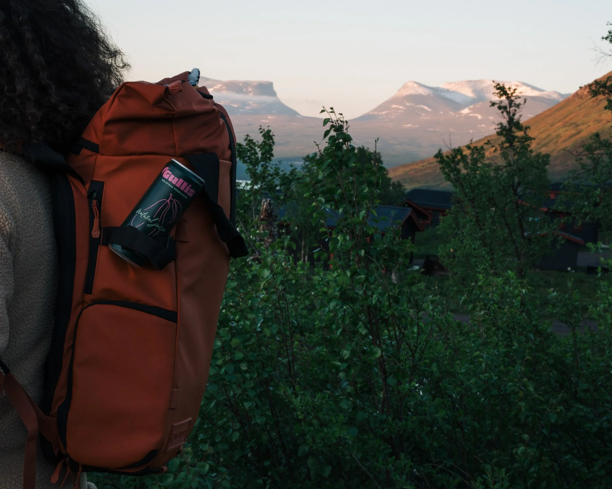 A person sitting outdoors near a mountain range, with a red backpack and a can of organic juice attached to the backpack's side pocket, greenery in the foreground, and snow-capped mountains in the background.