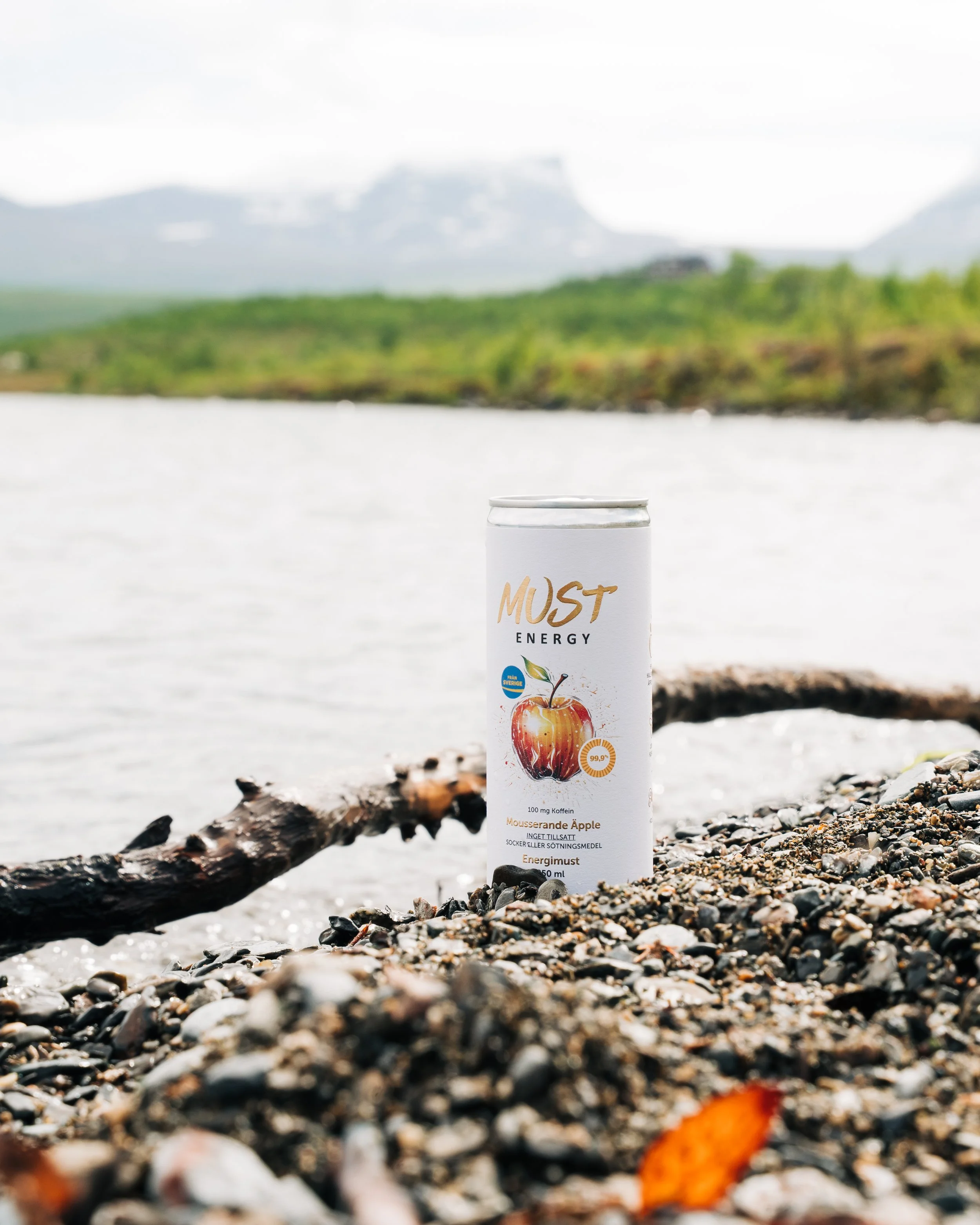 A can of Must energy drink placed on a rocky beach in Abisko National Park with a background of a lake and snow-capped mountains.