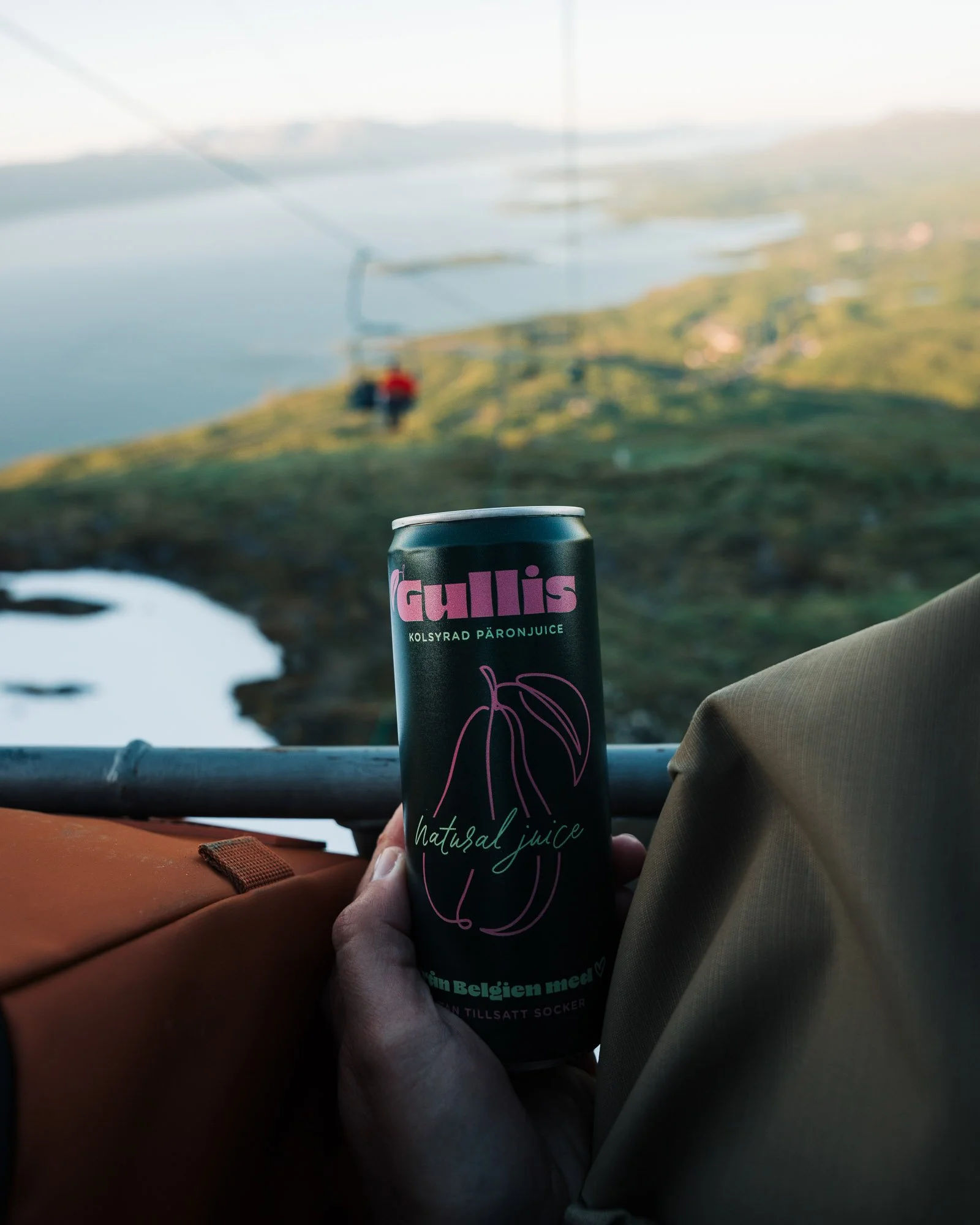 A person holding a can of Gullis natural juice with pink and green text and a pink graphic of a fruit, sitting in a vehicle with a scenic view of mountains and water through the window.
