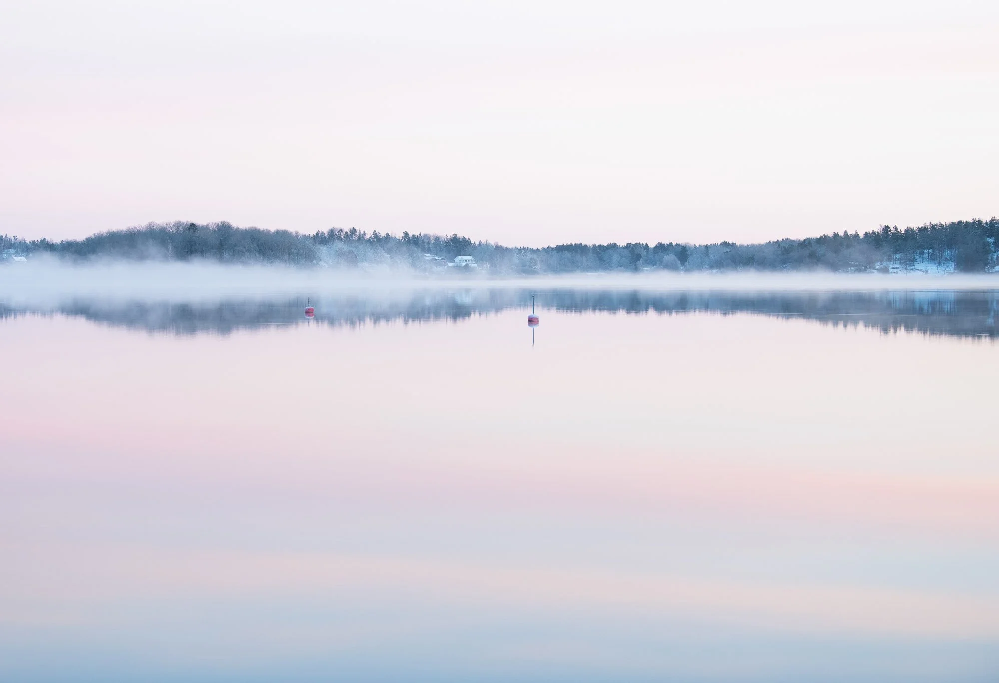 A calm lake reflecting a foggy sky and a distant treeline, with two buoys floating on the water.