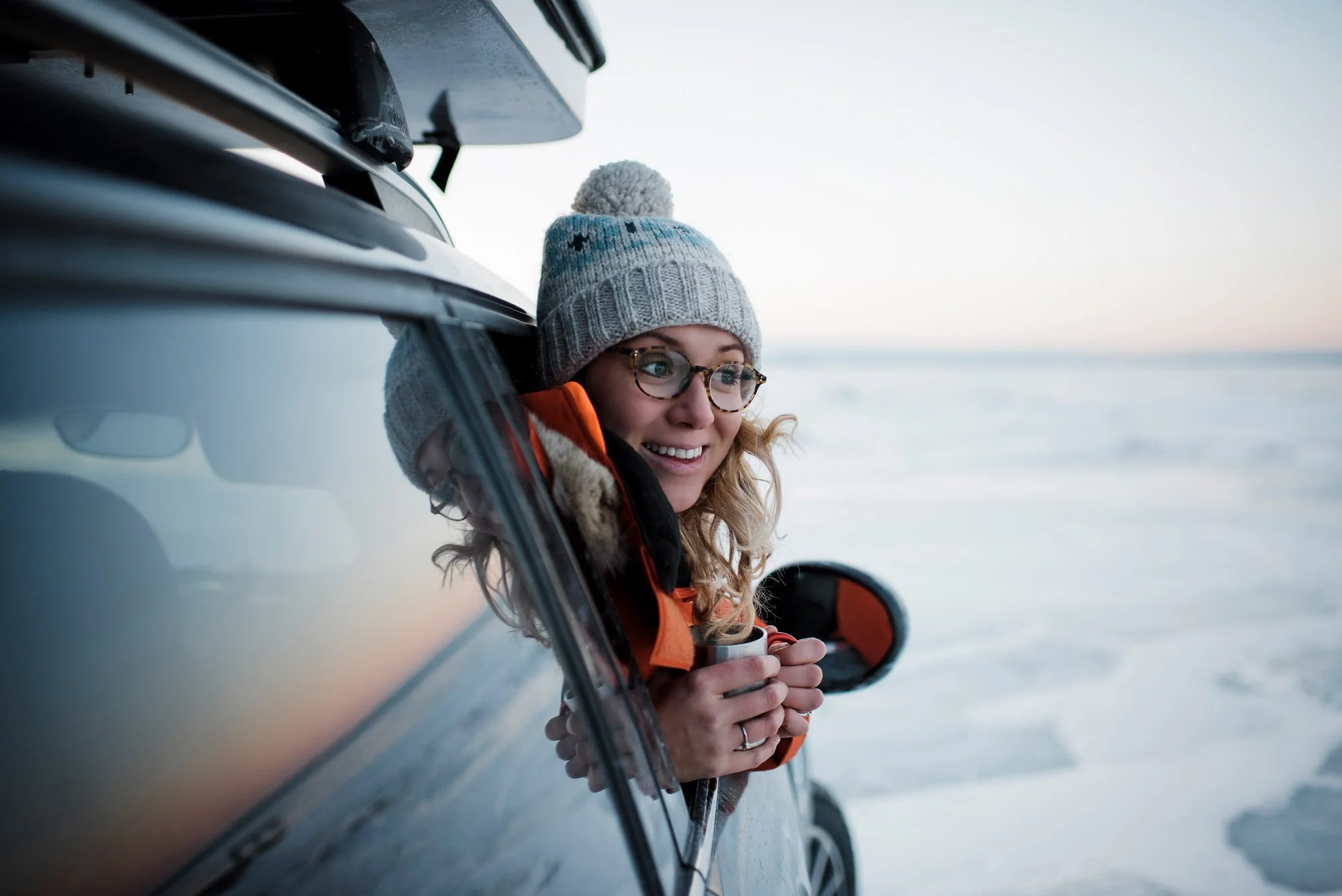 picture of Annie Lew Photography sat in a mini countryman in Canada having a cup of tea