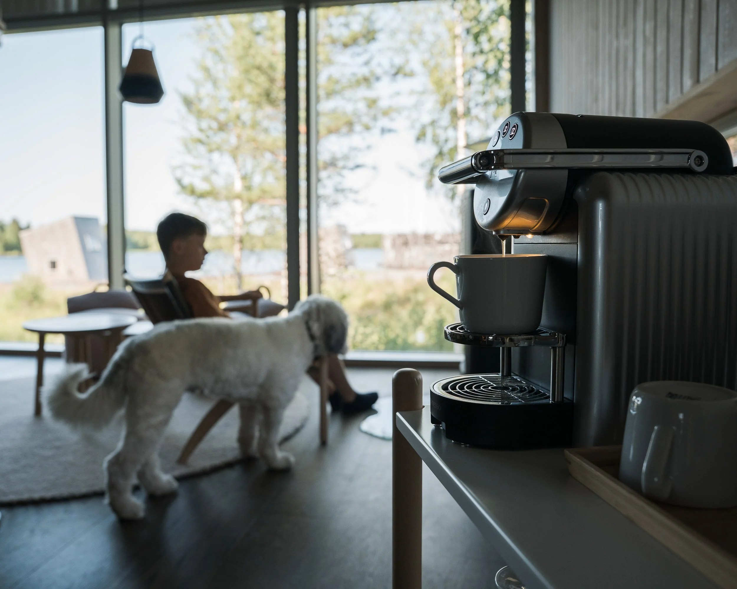 coffee machine pouring coffee in a cabin in Arctic Bath