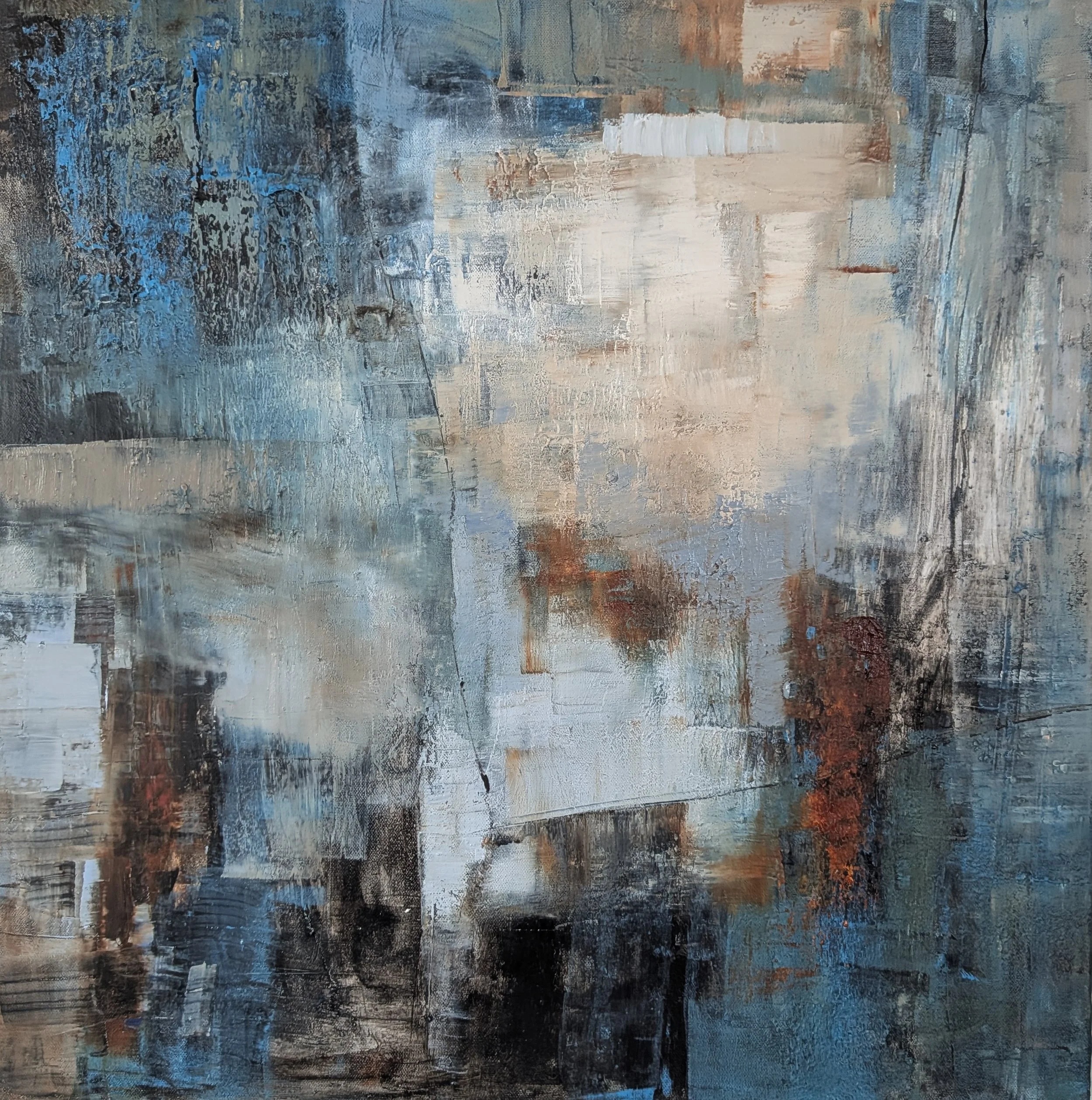 Elemental, textured abstract painting of the shoreline, Outer Hebrides