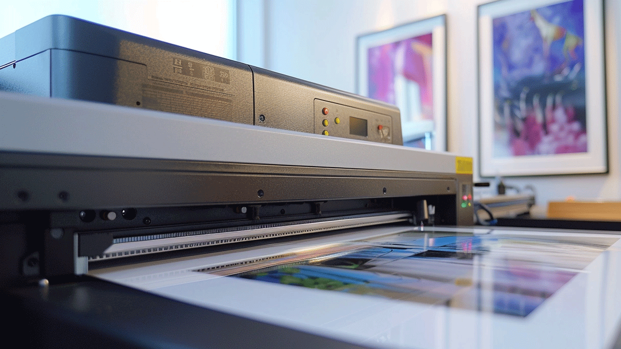 A large flatbed scanner with a digital control panel, scanning colorful artwork displayed in frames in the background.