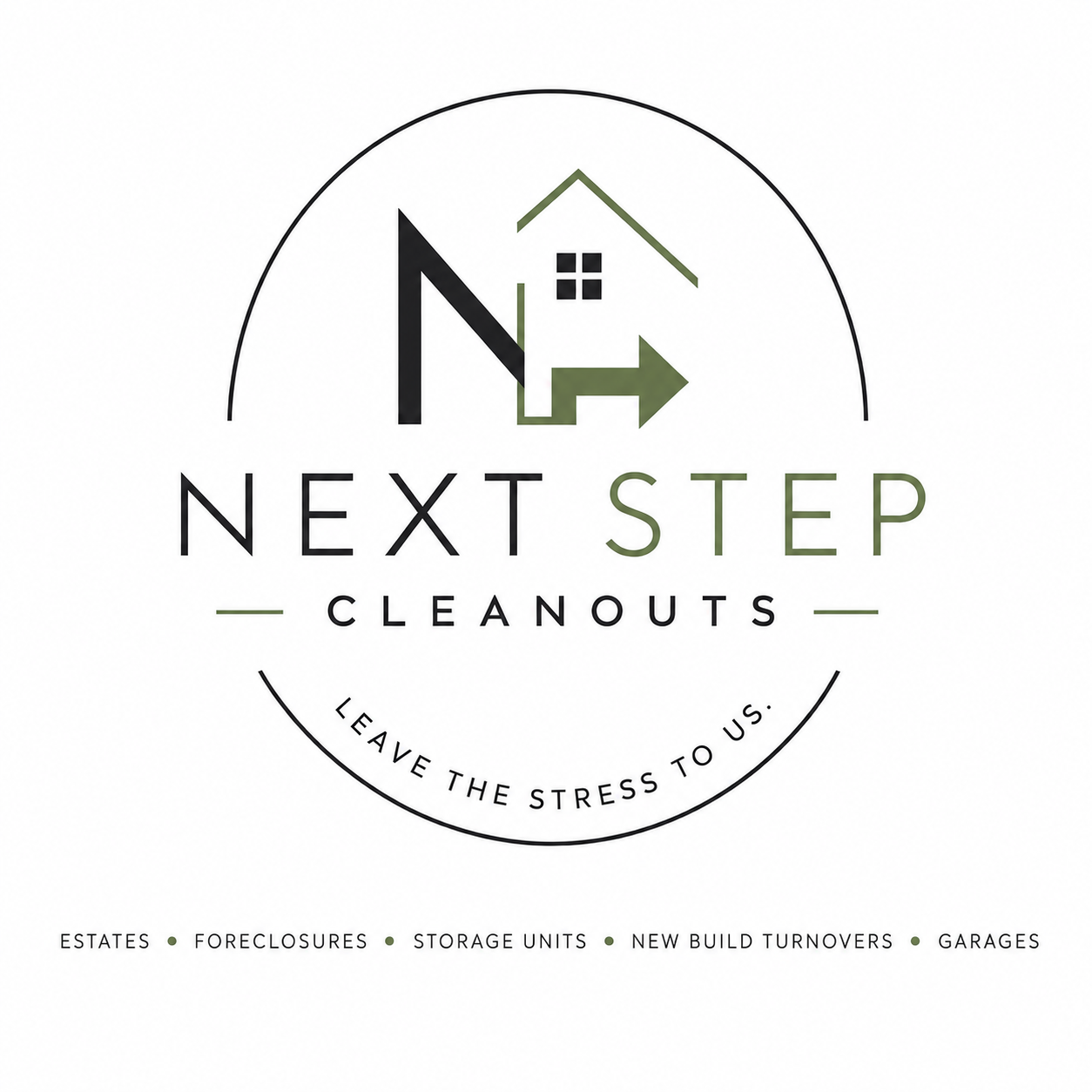 Logo for Next Step Cleanouts with a stylized house, arrow, and the slogan "Leave the stress to us." Lists services like estates, foreclosures, storage units, new build turnarounds, and garages.