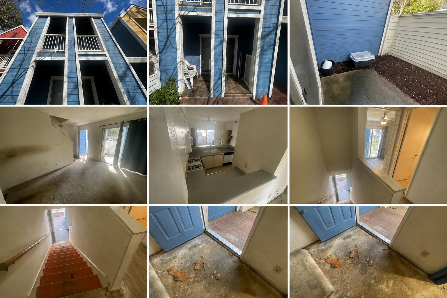 Collage of nine photos showing the exterior and interior of a small blue house, including the front porch, backyard, living room, kitchen, stairway, and entryway with a blue door.
