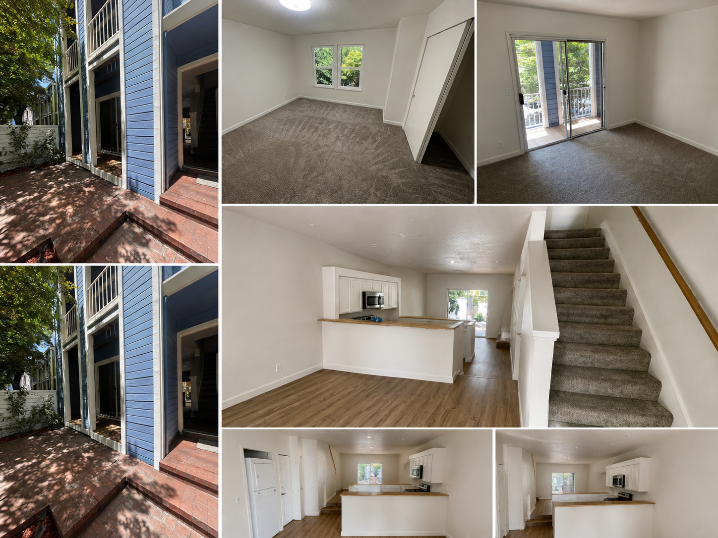 Images of a residential house including exterior views of blue siding with stairs and brick porch, and interior views of rooms with white walls, windows, carpeted and wooden floors, a kitchen with white cabinets, and a staircase with carpet.