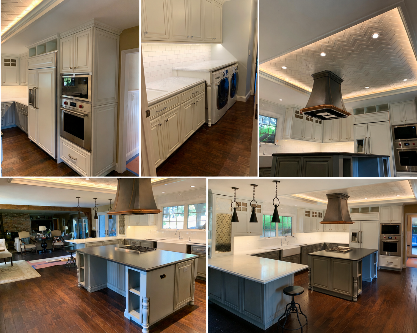 Collage of interior views of a modern kitchen with white cabinetry, dark wood flooring, stainless steel appliances, a large island with a black countertop, pendant lights, and a spacious open-concept living area with seating and a fireplace.